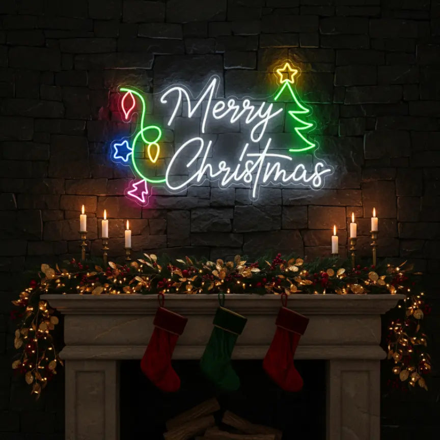 Photo of the 'Merry Christmas V12' neon sign glowing in multicolor against a styled interior wall.