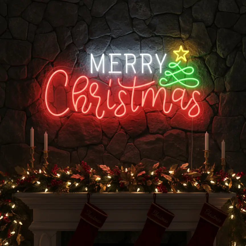 Photo of the 'Merry Christmas V3' neon sign glowing in multicolor against a styled interior wall.