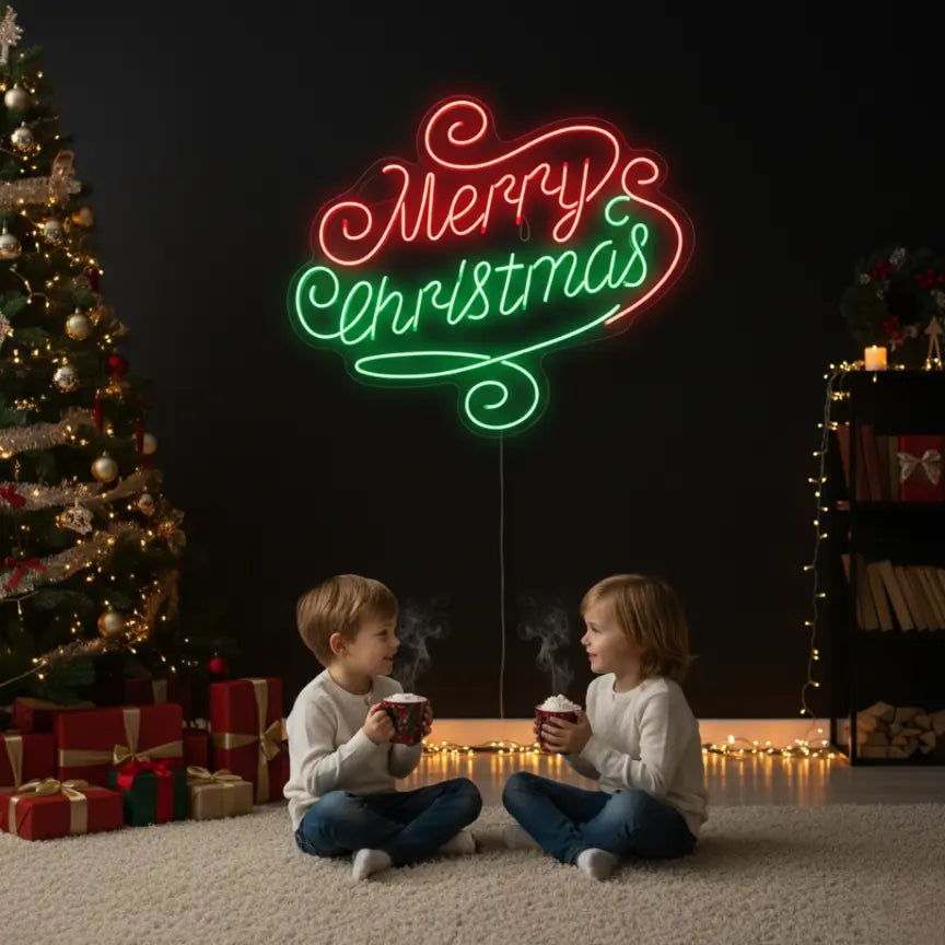 Photo of the 'Merry Christmas V9' neon sign glowing in multicolor against a styled interior wall.