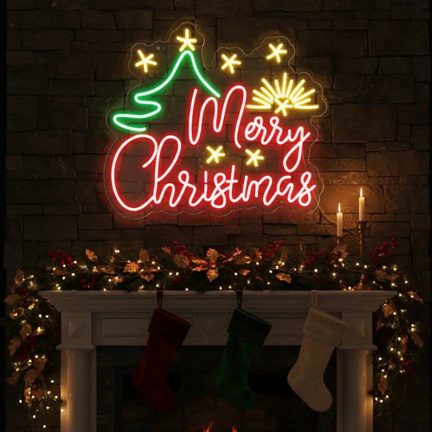 Merry Christmas with Tree and Stars Neon Sign