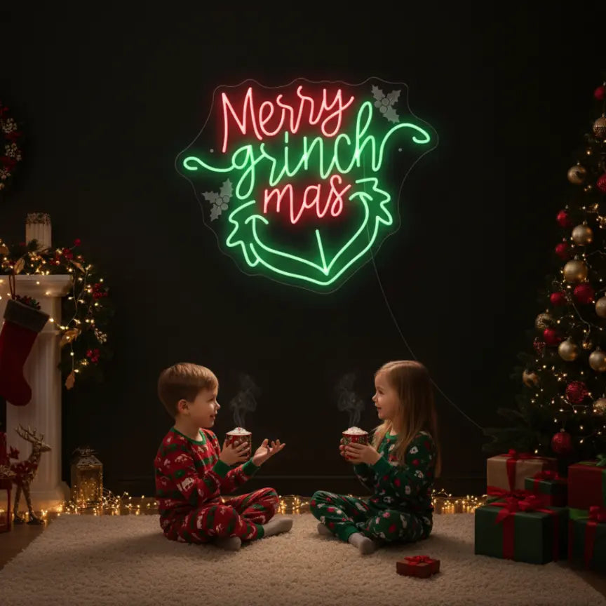 Photo of the 'Merry Grinchmas' neon sign glowing in multicolor against a styled interior wall.