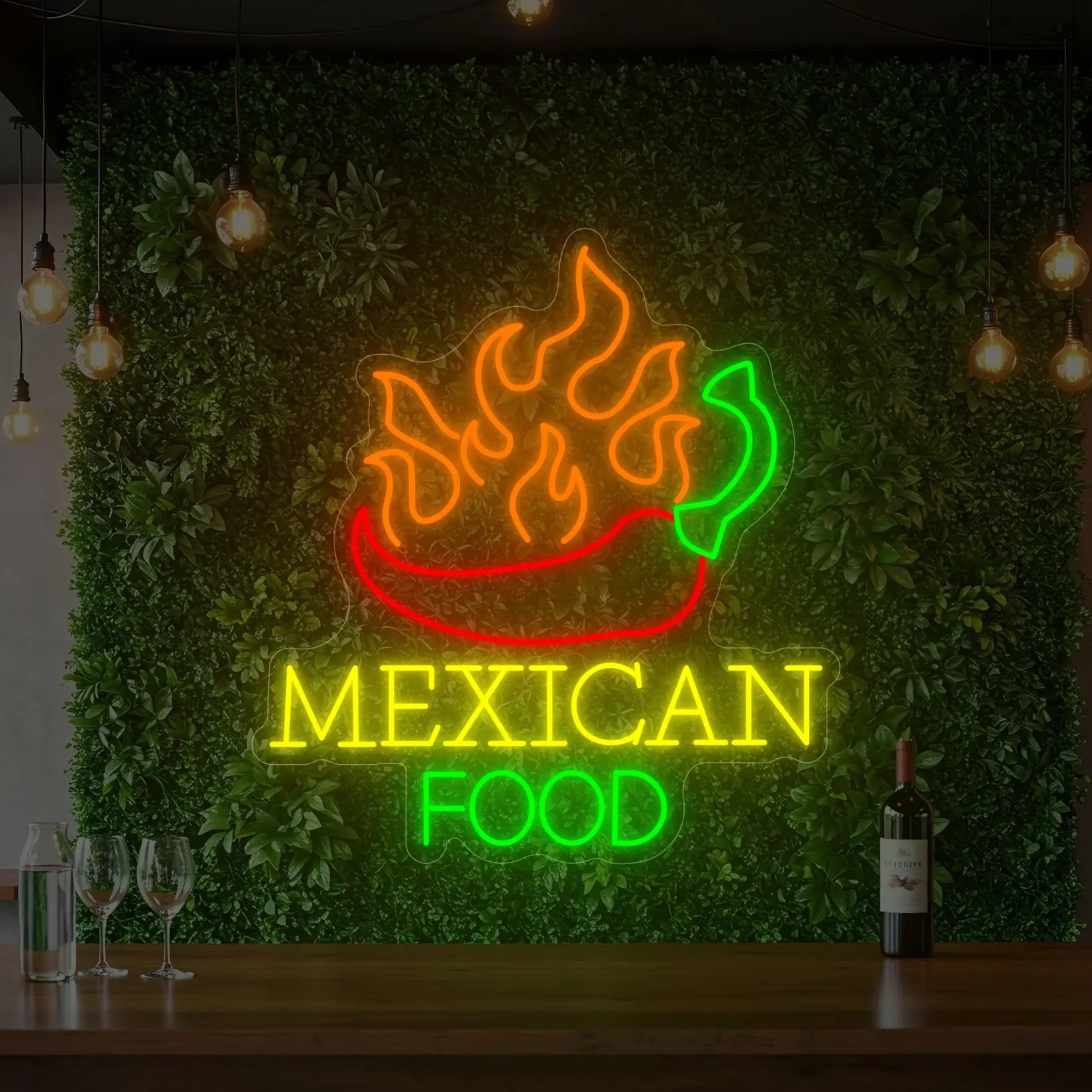 Photo of the 'MEXICAN FOOD' neon sign glowing in multi-color against a styled interior wall.