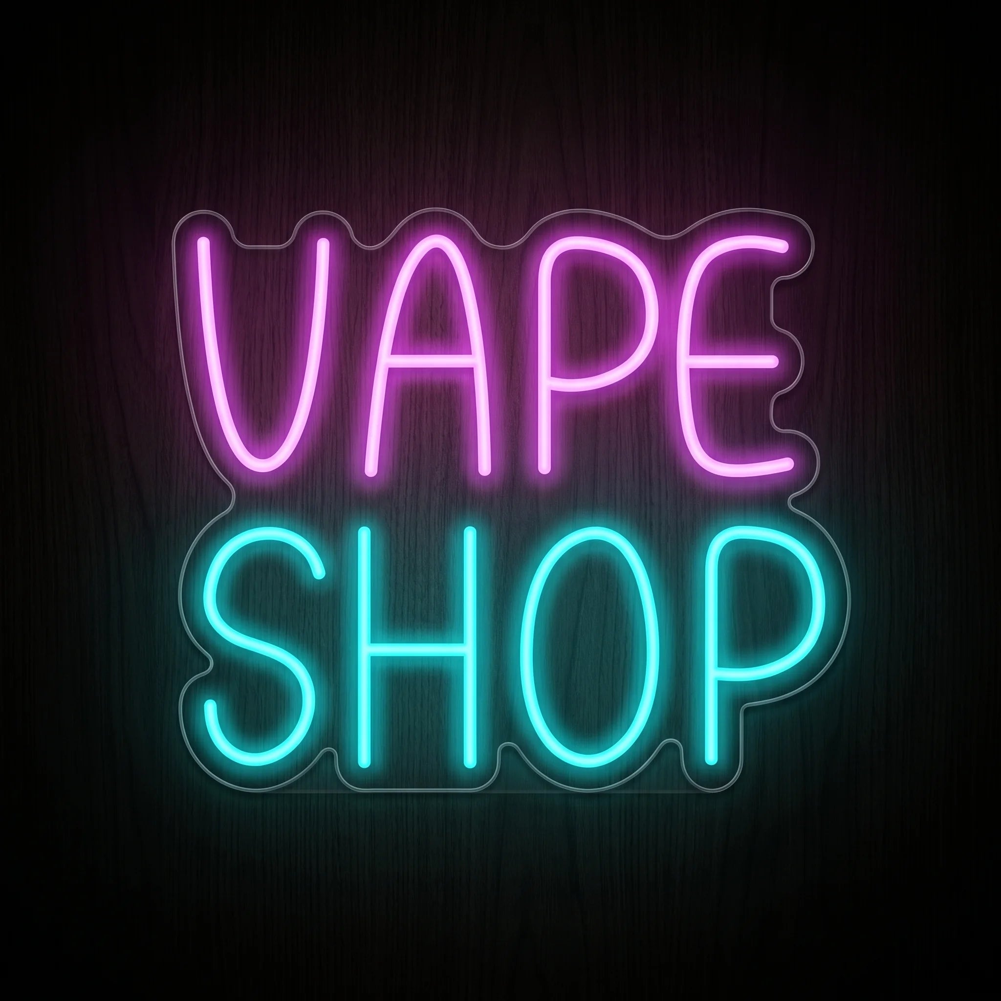 Minimalist Vape Shop LED neon sign featuring pink and cyan lettering on a clear acrylic backing.