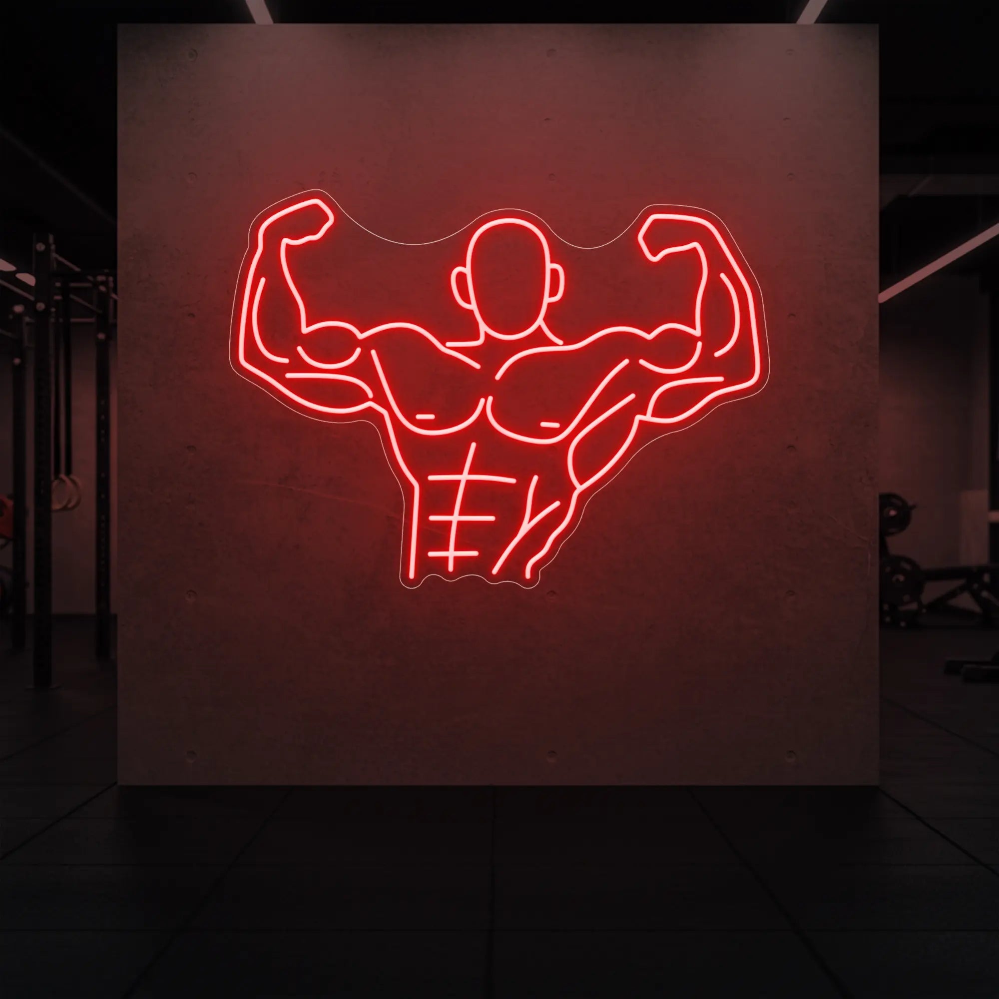 'Muscle Man (Torso-Up Flex)' neon sign glowing in red against a styled interior wall.