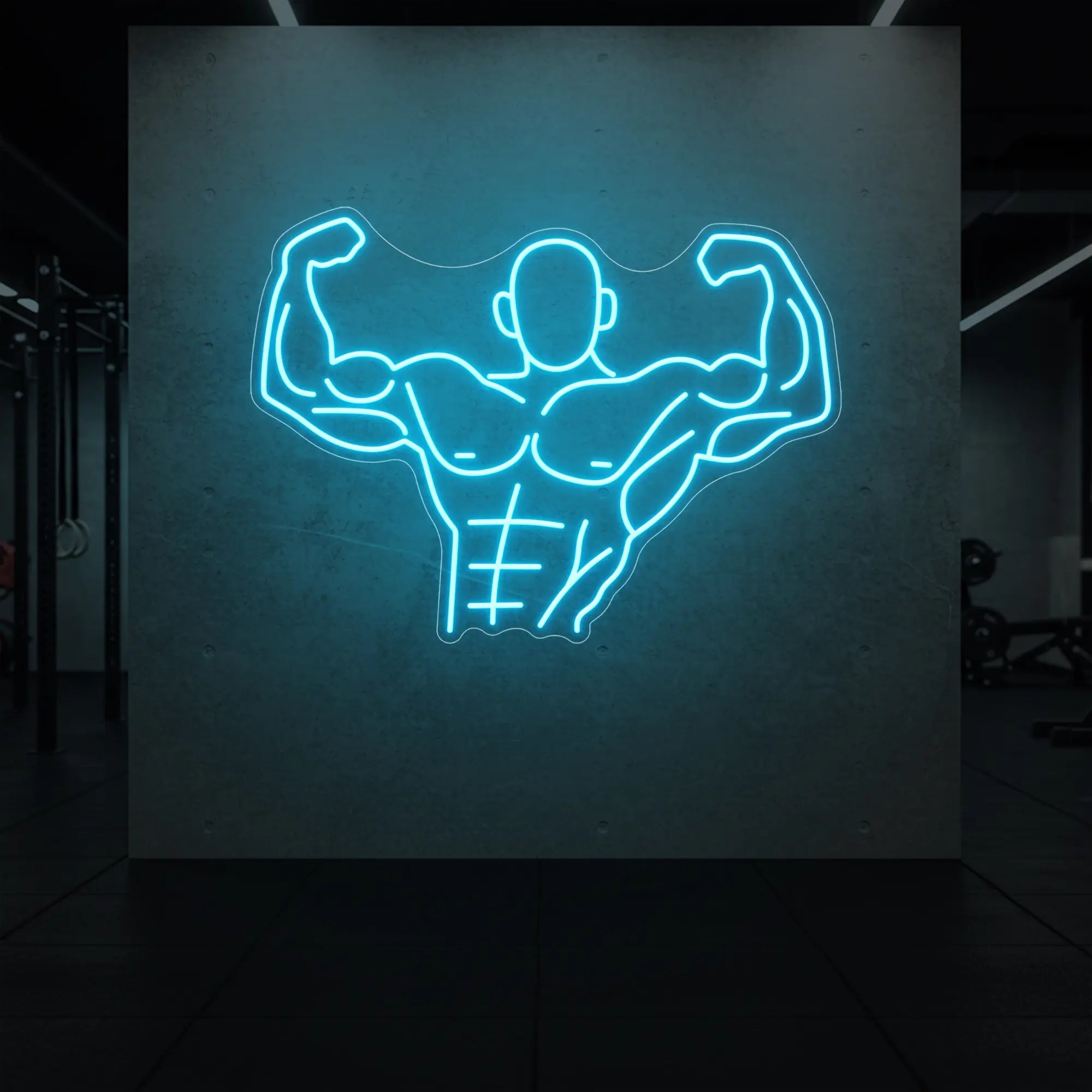 'Muscle Man (Torso-Up Flex)' neon sign glowing in ice blue against a styled interior wall.