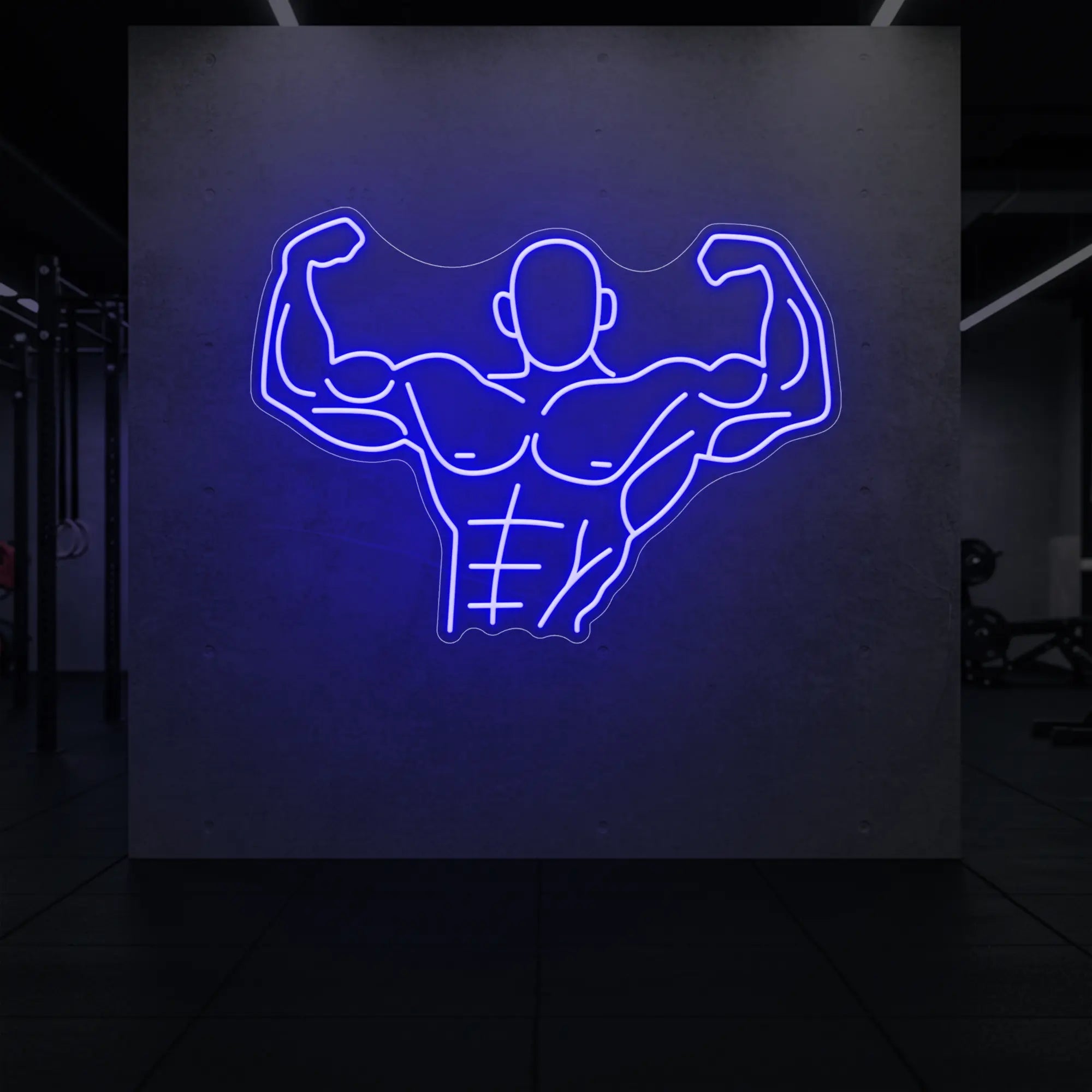 'Muscle Man (Torso-Up Flex)' neon sign glowing in deep blue against a styled interior wall.