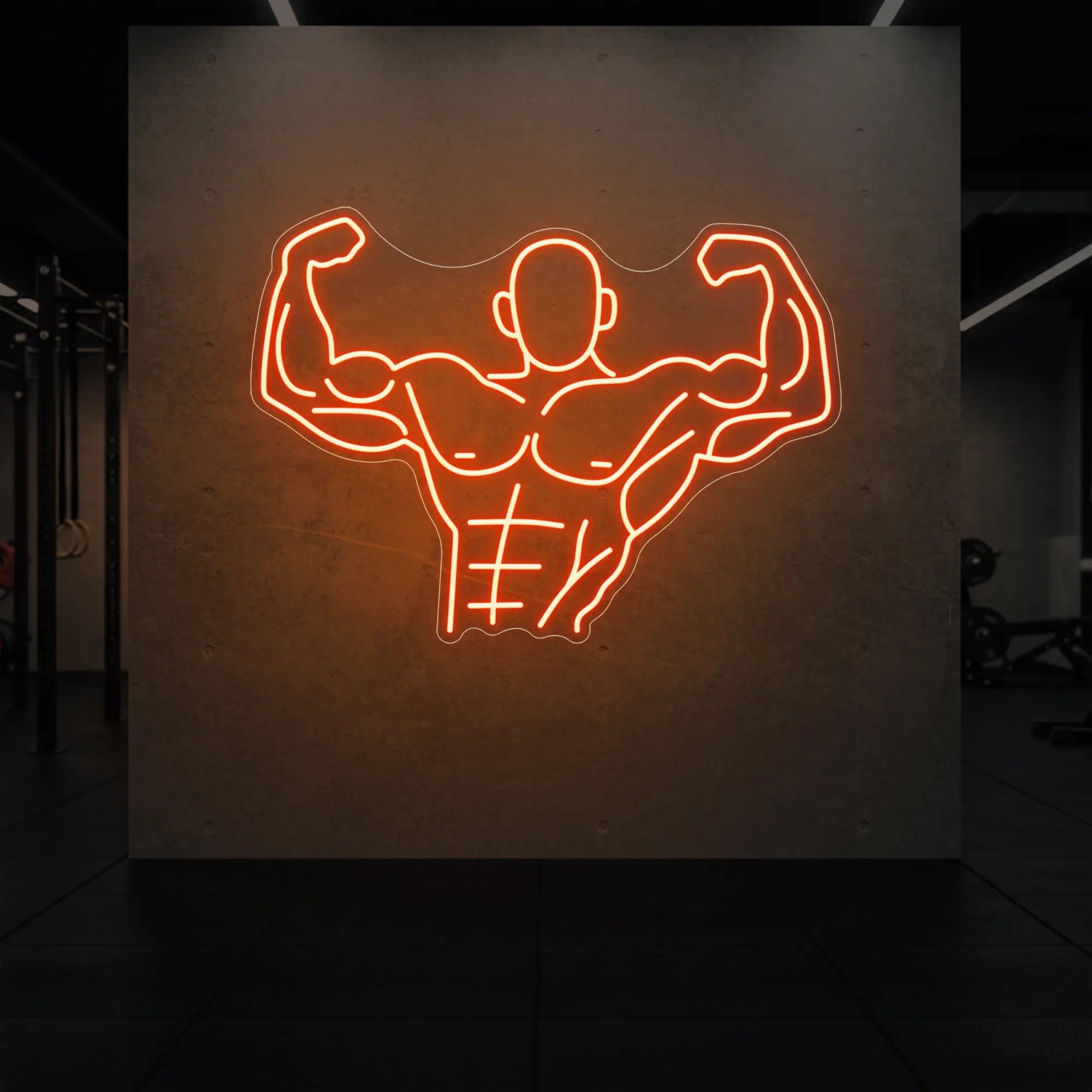 'Muscle Man (Torso-Up Flex)' neon sign glowing in golden yellow against a styled interior wall.