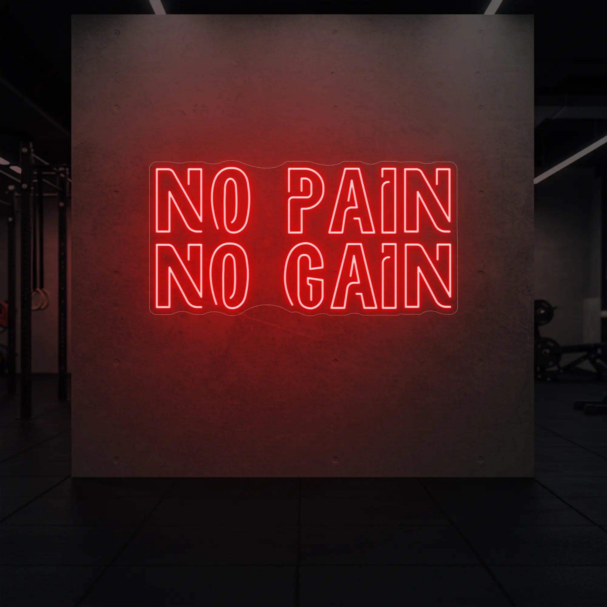 'NO PAIN NO GAIN' neon sign glowing in red against a styled interior wall.