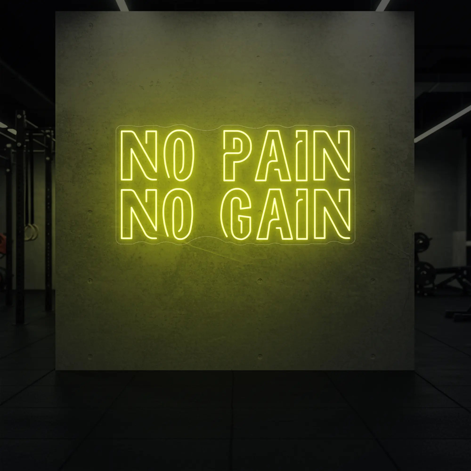 'NO PAIN NO GAIN' neon sign glowing in lemon yellow against a styled interior wall.