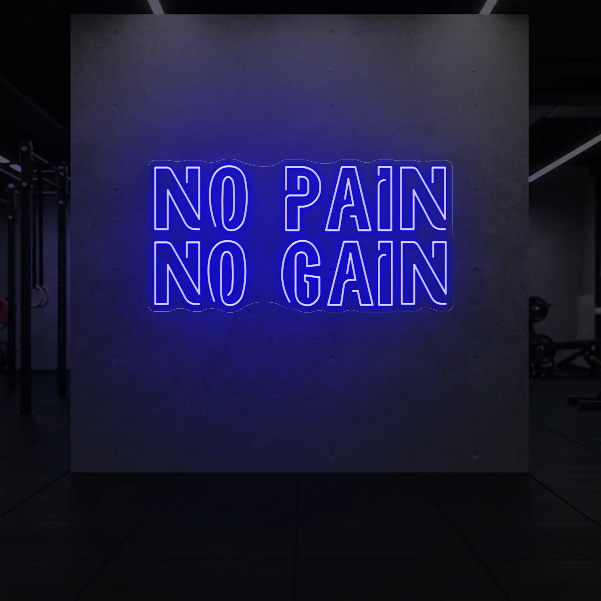 'NO PAIN NO GAIN' neon sign glowing in deep blue against a styled interior wall.