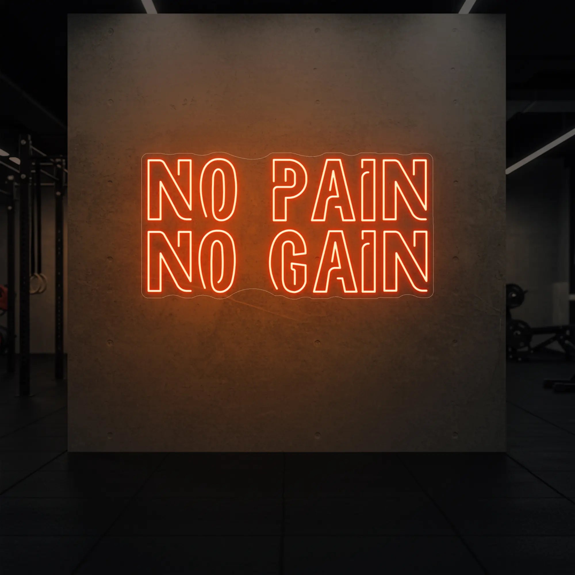 'NO PAIN NO GAIN' neon sign glowing in golden yellow against a styled interior wall.