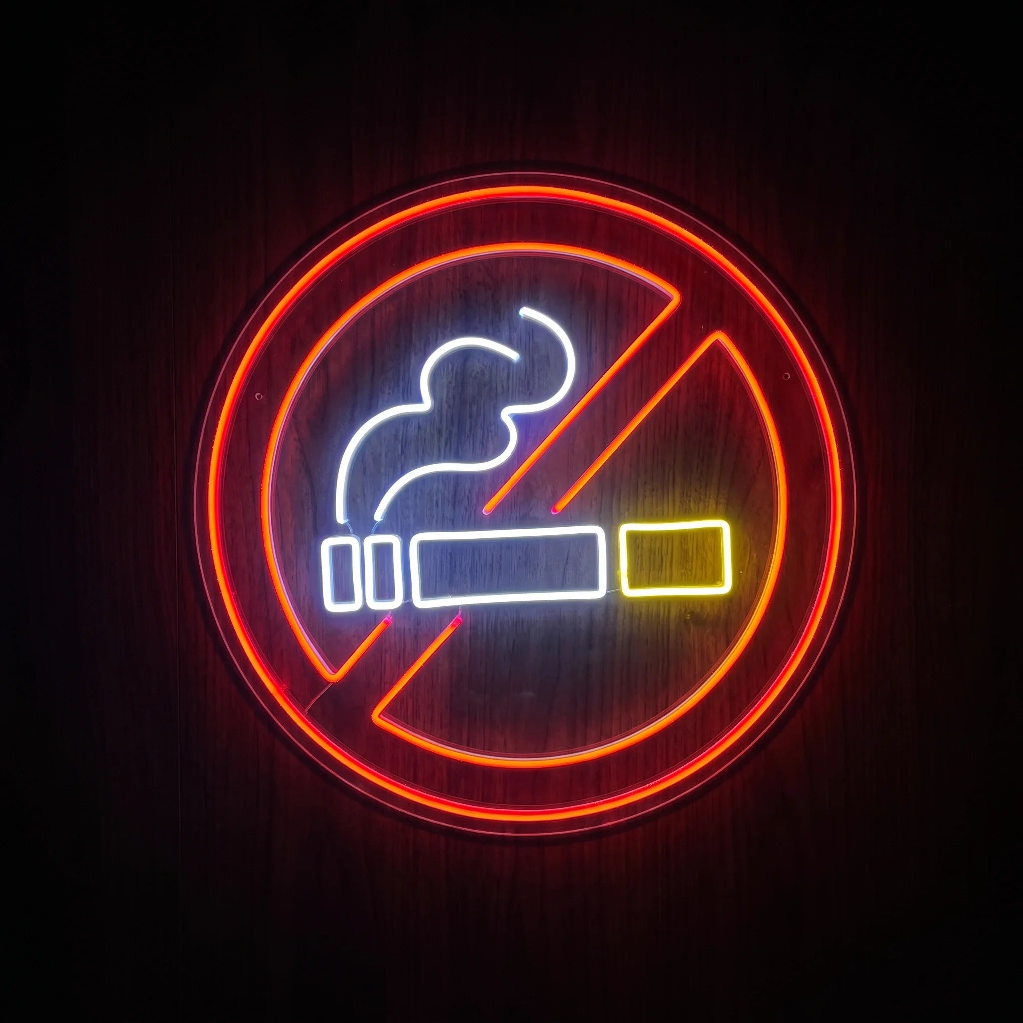 No Smoking Symbol LED neon sign on clear acrylic backing with red, white, and yellow illumination for recreational wall décor.