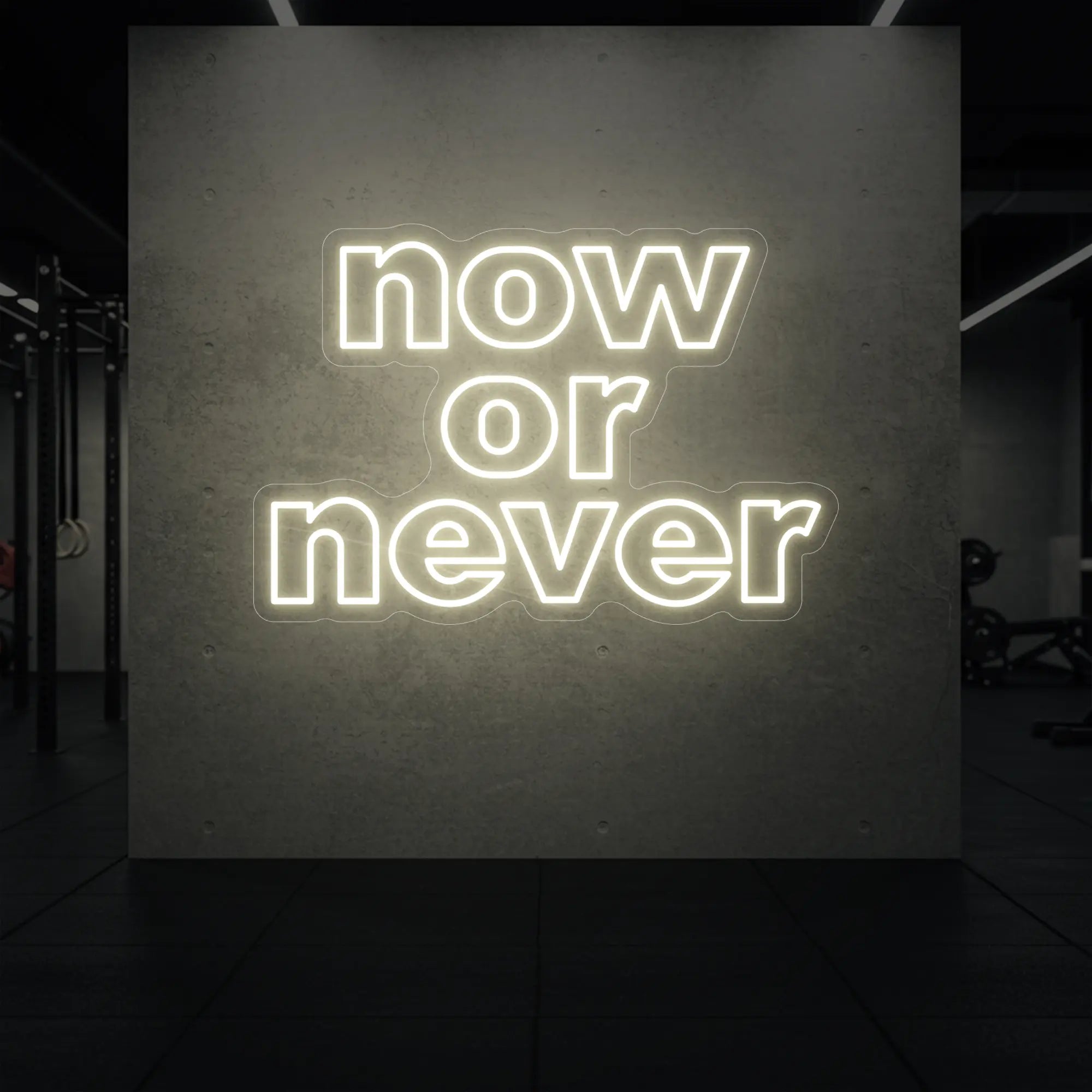 'Now or Never' neon sign glowing in warm white against a styled interior wall.