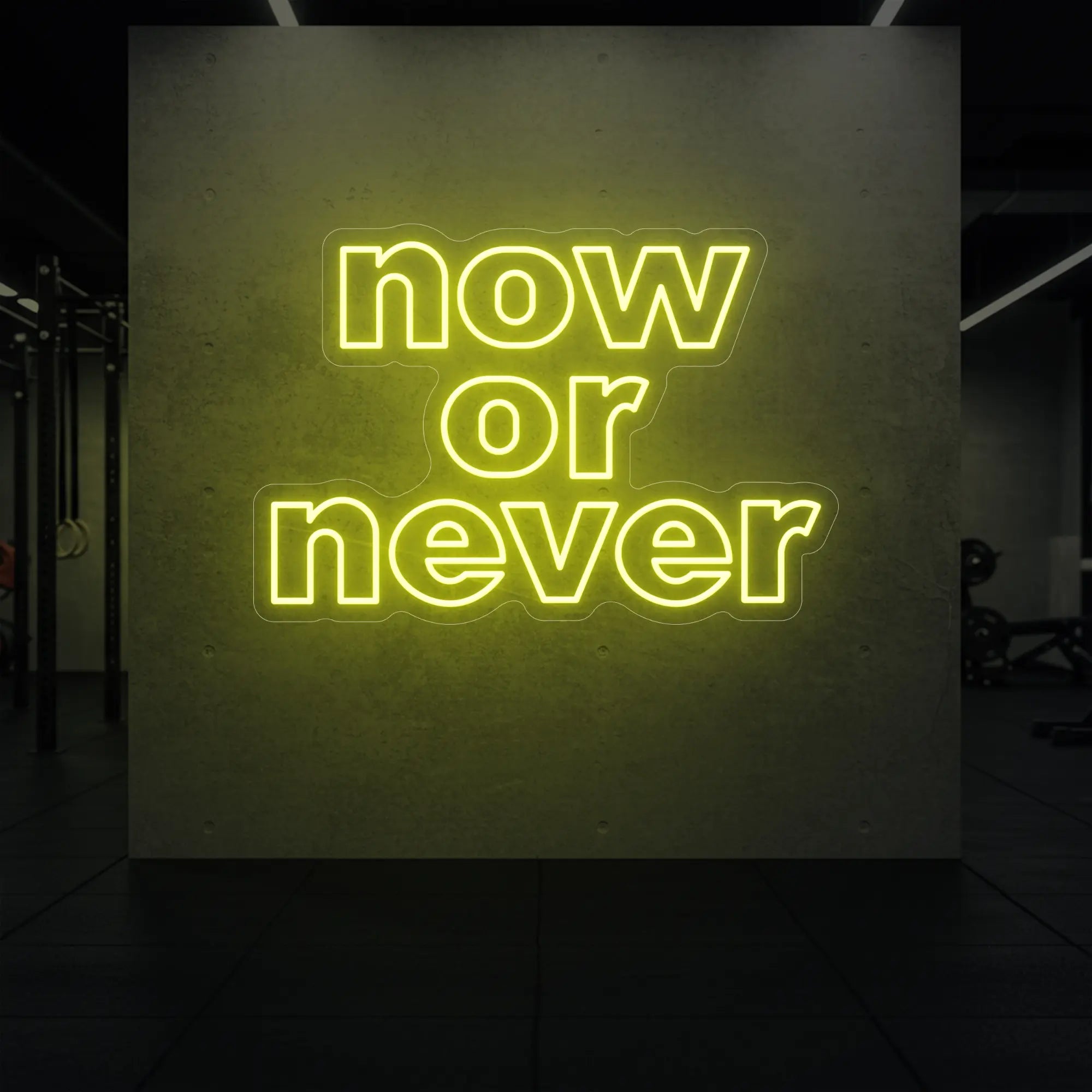 'Now or Never' neon sign glowing in lemon yellow against a styled interior wall.