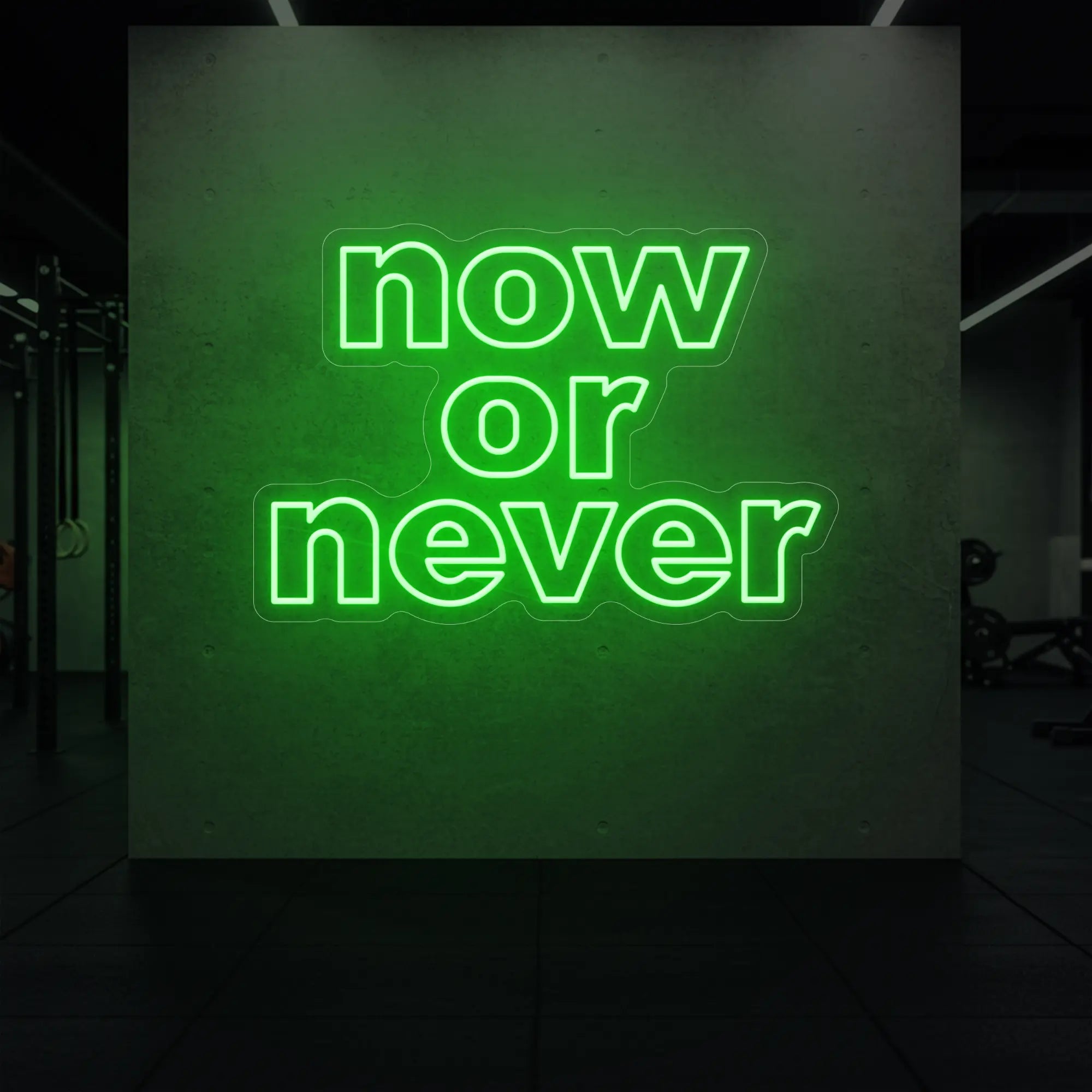 'Now or Never' neon sign glowing in green against a styled interior wall.
