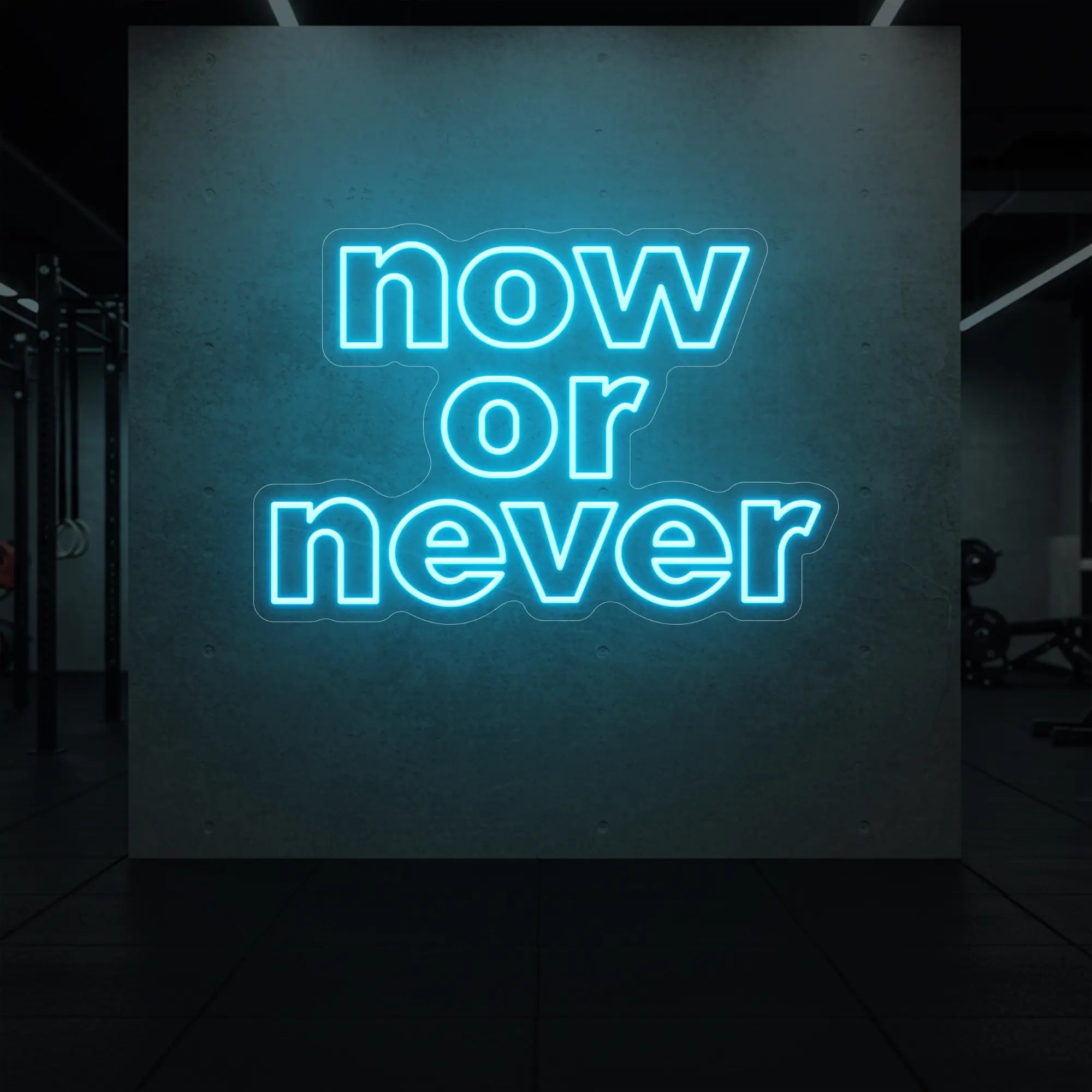 'Now or Never' neon sign glowing in ice blue against a styled interior wall.