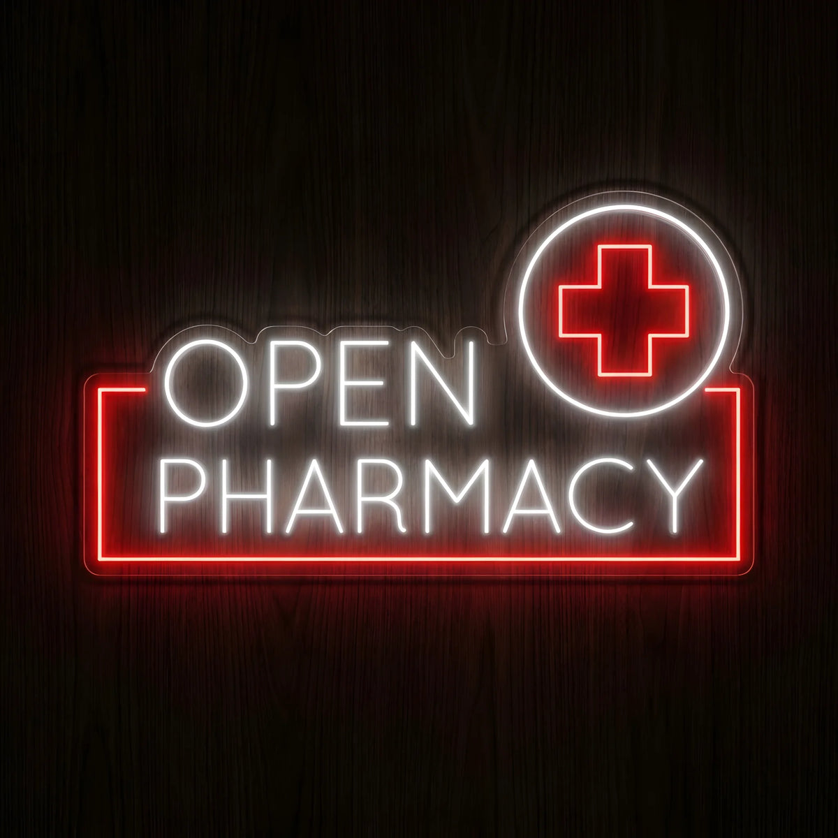 Open Pharmacy Medical Cross LED Neon Sign with glowing white OPEN PHARMACY text, red medical cross inside a white circle, and red border on a dark wooden wall.