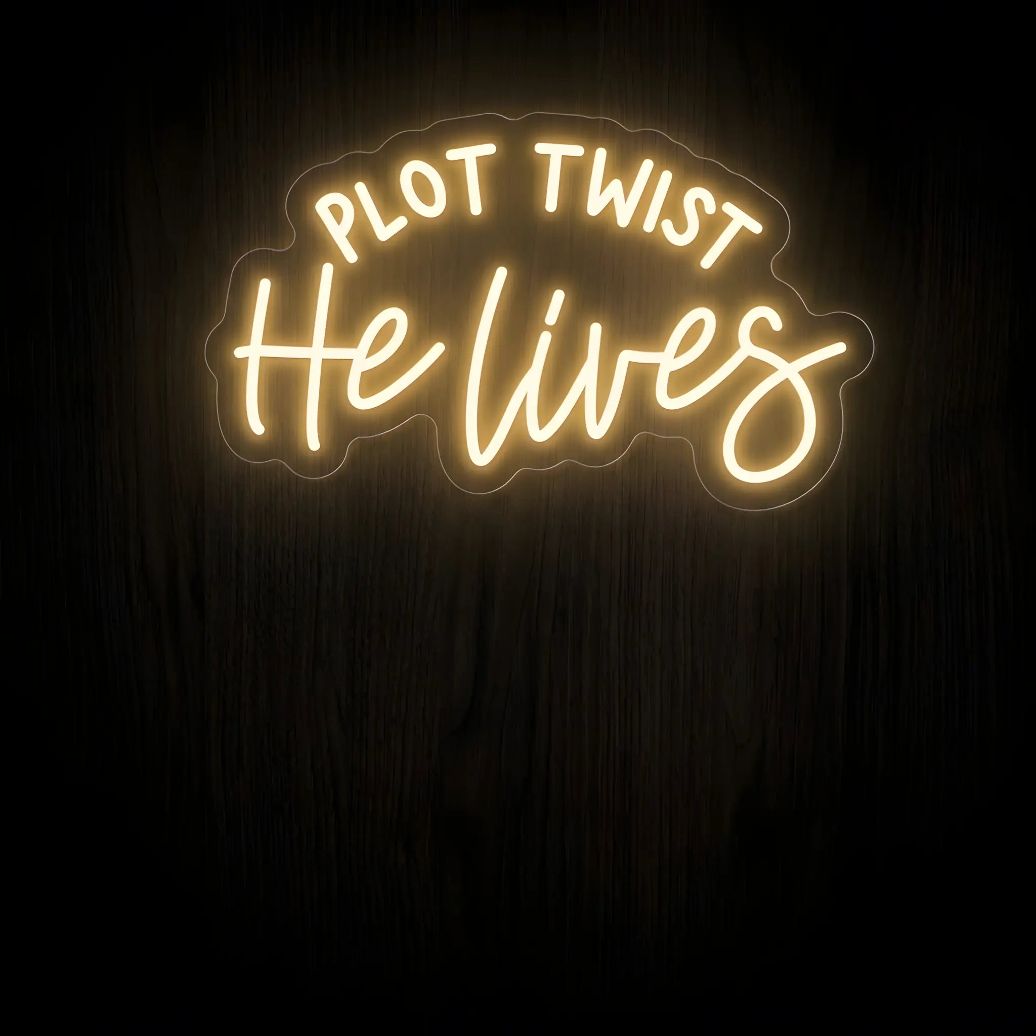 Plot Twist He Lives warm white LED neon sign on clear acrylic backing for Christian Easter and faith-inspired wall decor.