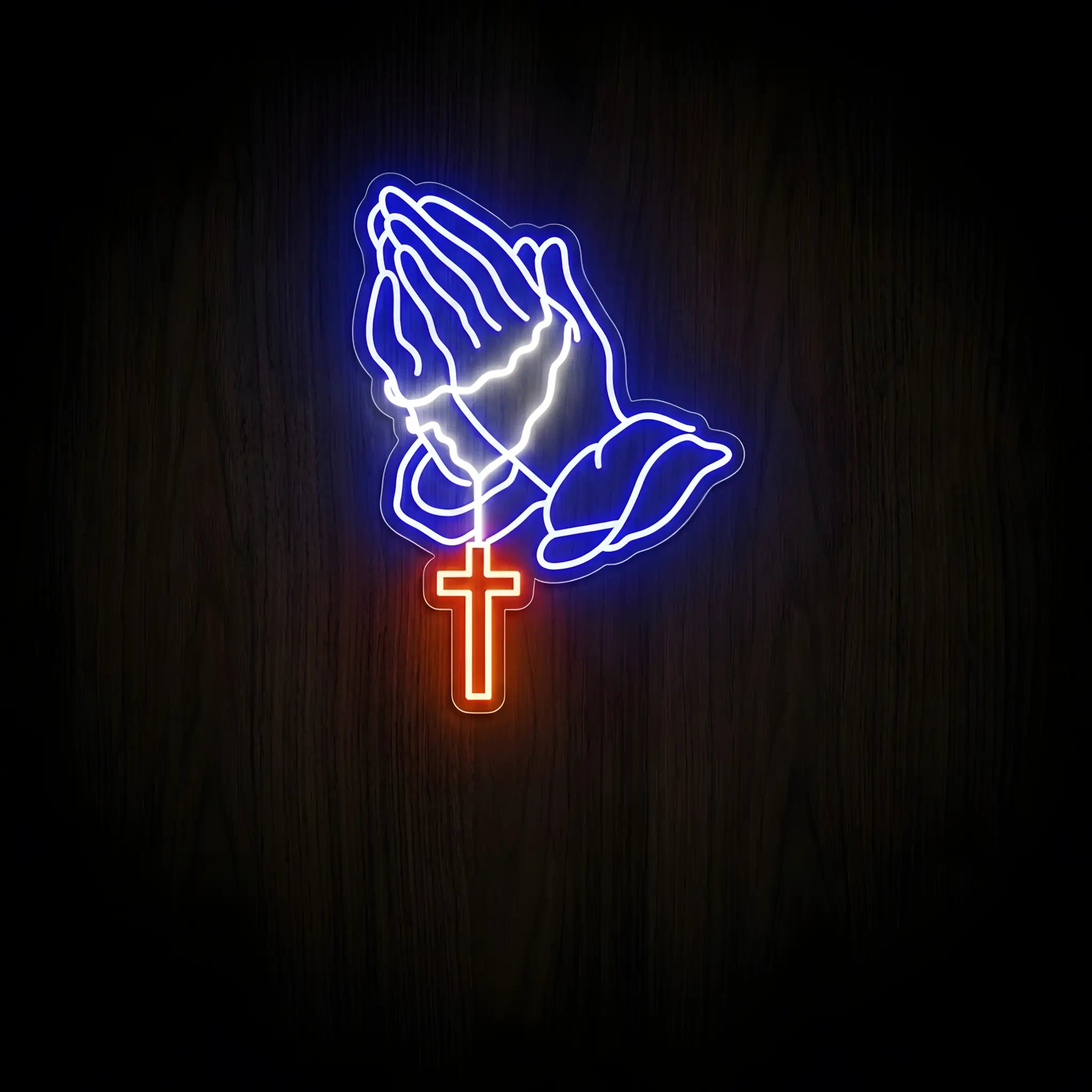 Praying Hands with Cross LED neon sign featuring blue illuminated praying hands holding a glowing white rosary with a red cross on a clear acrylic backing for Christian wall decor.