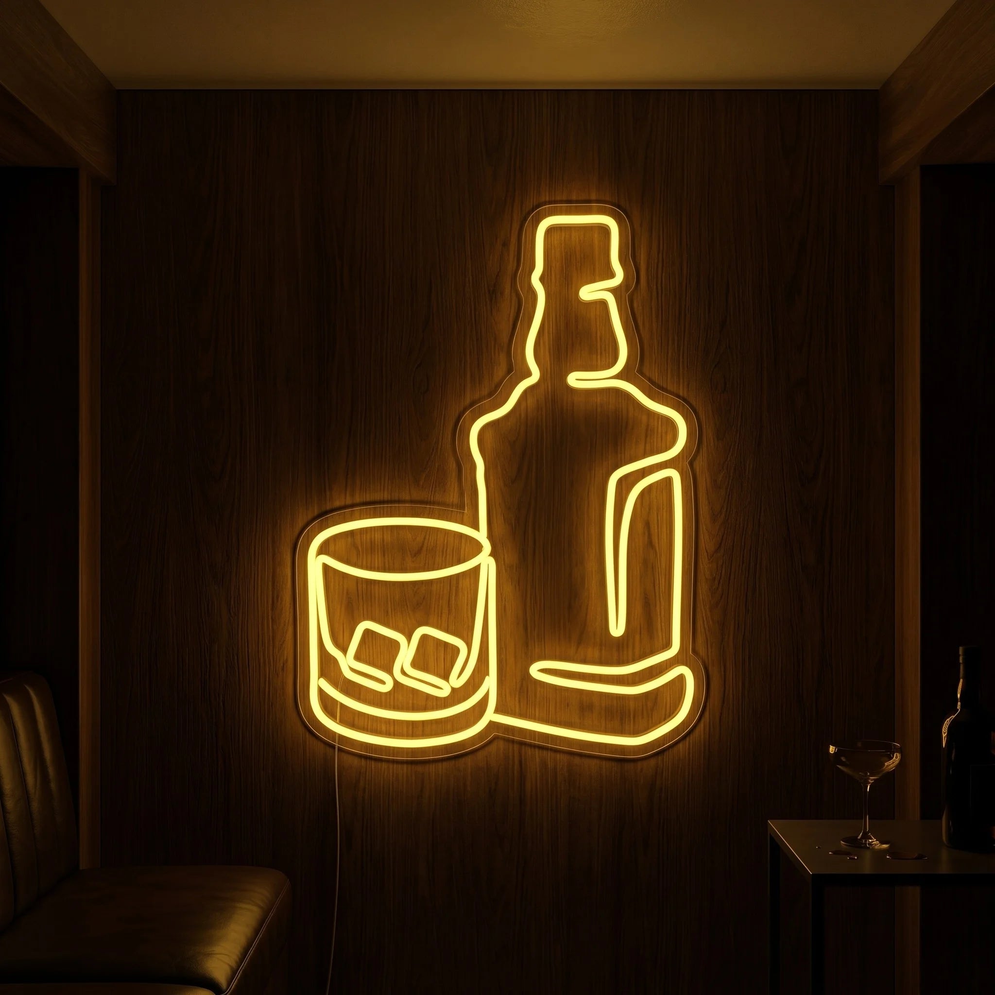 Photo of the 'Rum Bottle and Glass' neon sign glowing in yellow against a tropical bar-inspired wall.