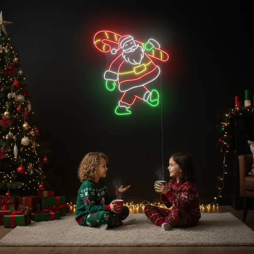 Photo of the 'Santa With Candy Cane' neon sign glowing in multicolor against a styled interior wall.