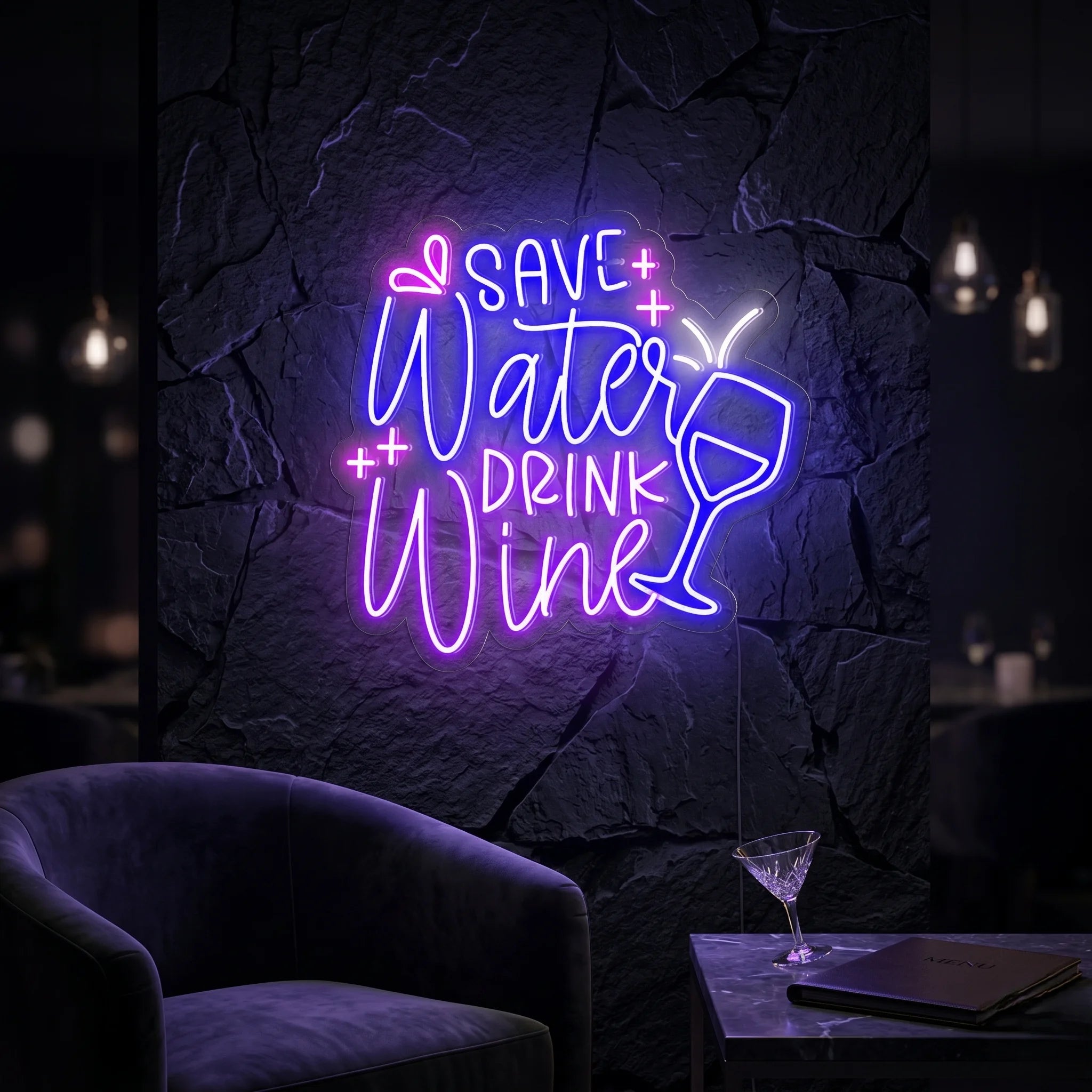 Photo of the 'Save Water Drink Wine' neon sign glowing in multi-color against a stylish wine bar-inspired wall.