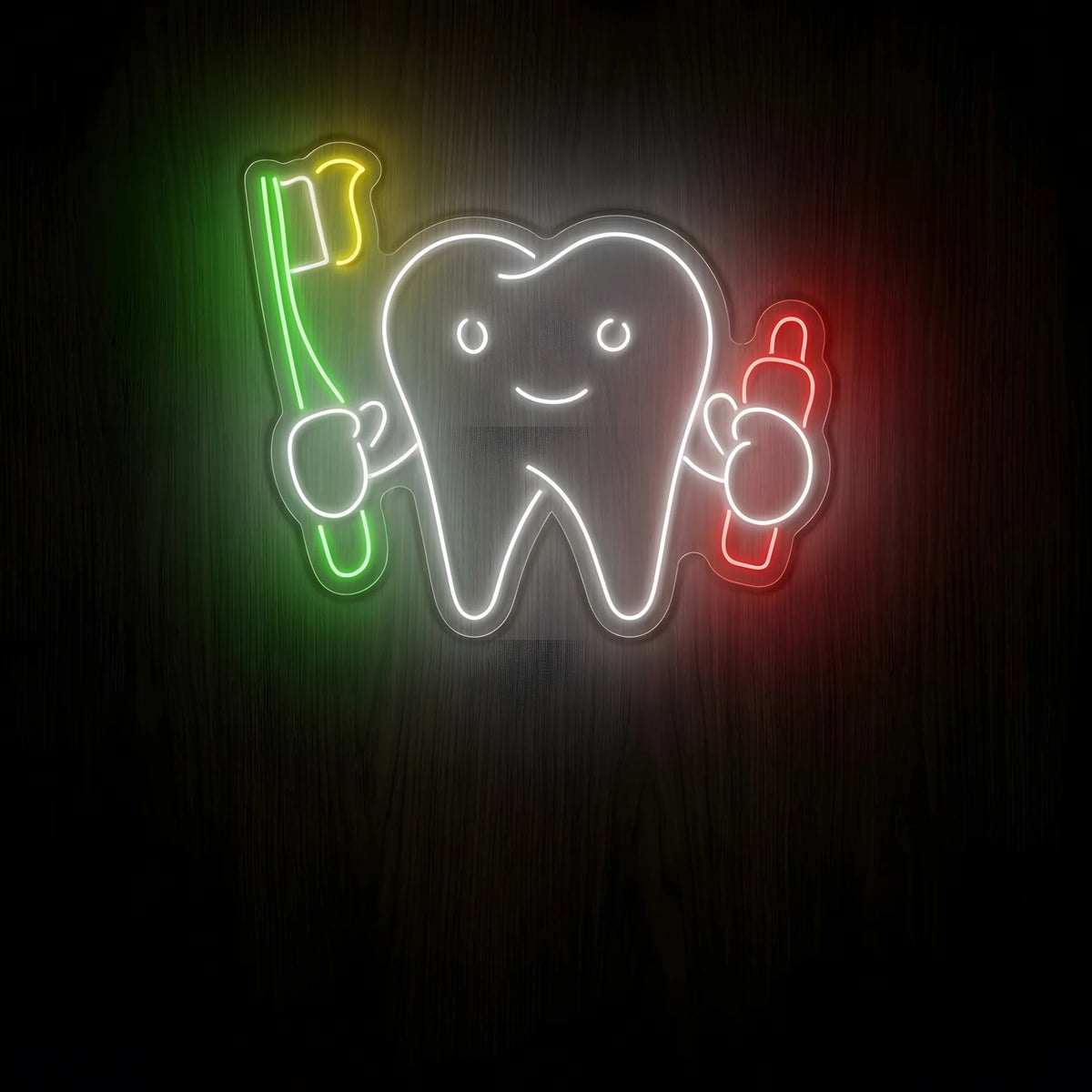 Smiling Tooth Dental Hygiene LED neon sign featuring a happy white tooth holding a green toothbrush with yellow bristles and a red toothpaste tube on clear acrylic backing for dental clinic decor.