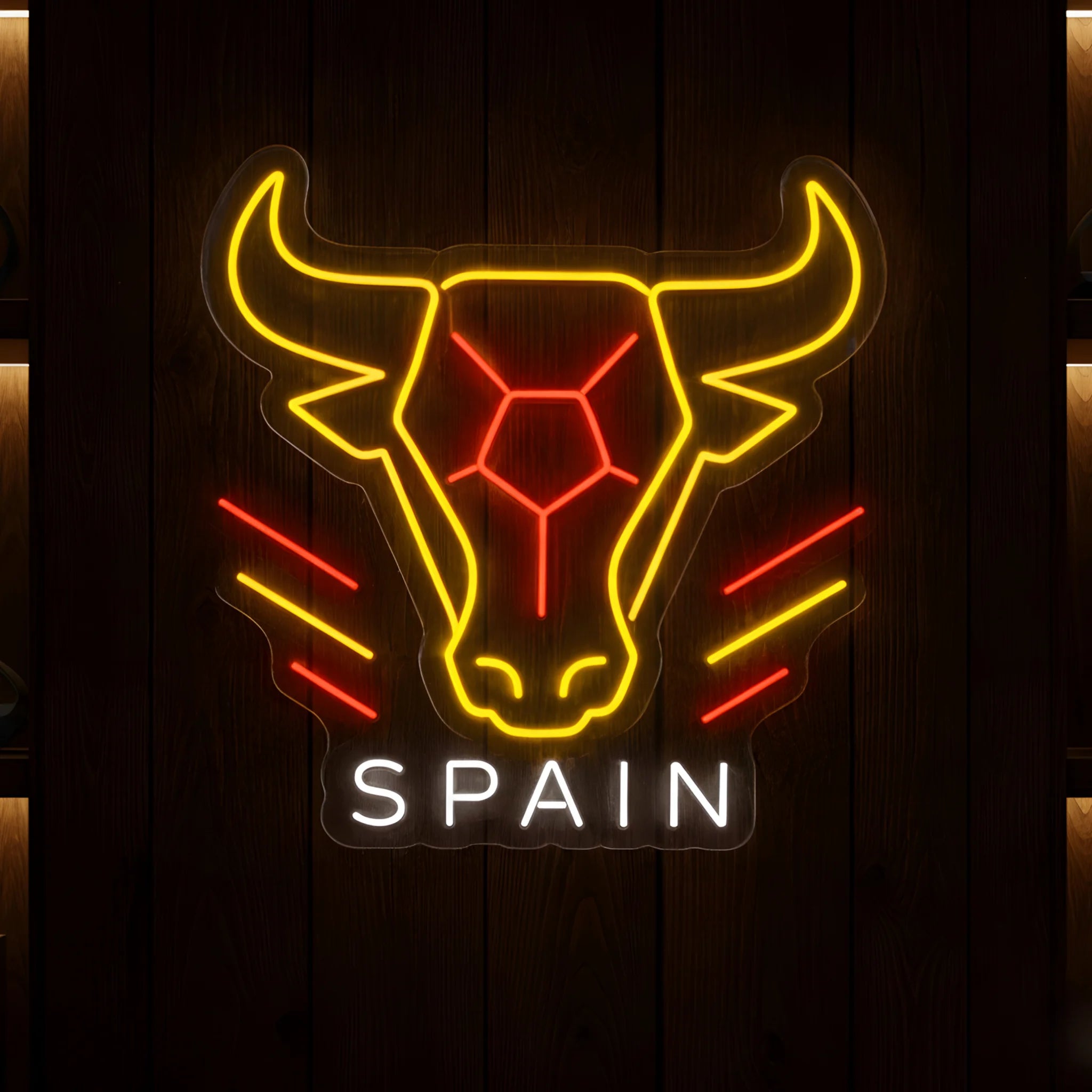 Spain bull LED neon sign featuring football-inspired artwork in red and yellow colors
