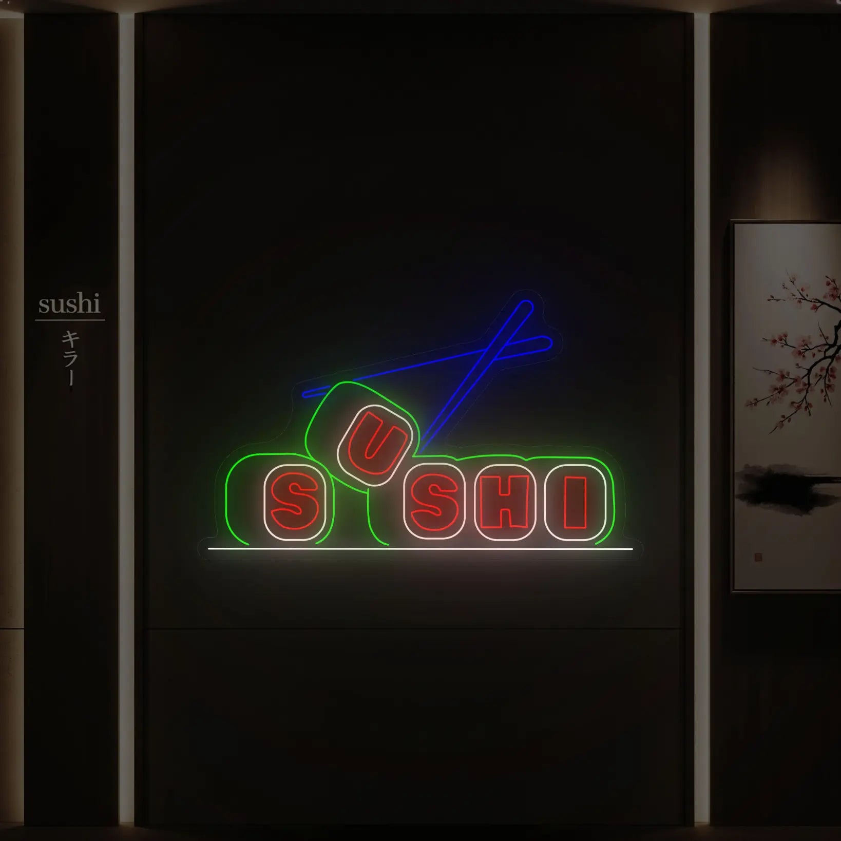 Photo of the 'SUSHI' neon sign glowing in multi-color against a styled interior wall.