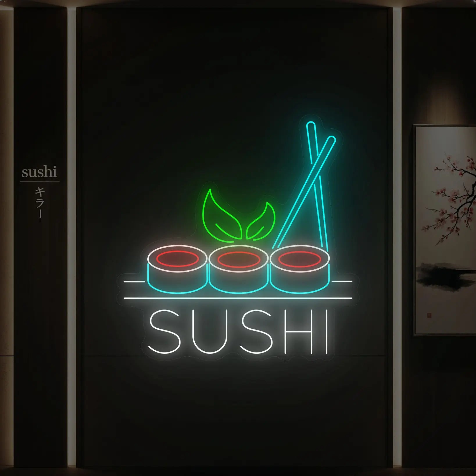 Photo of the 'SUSHI' neon sign glowing in multi-color against a styled interior wall.