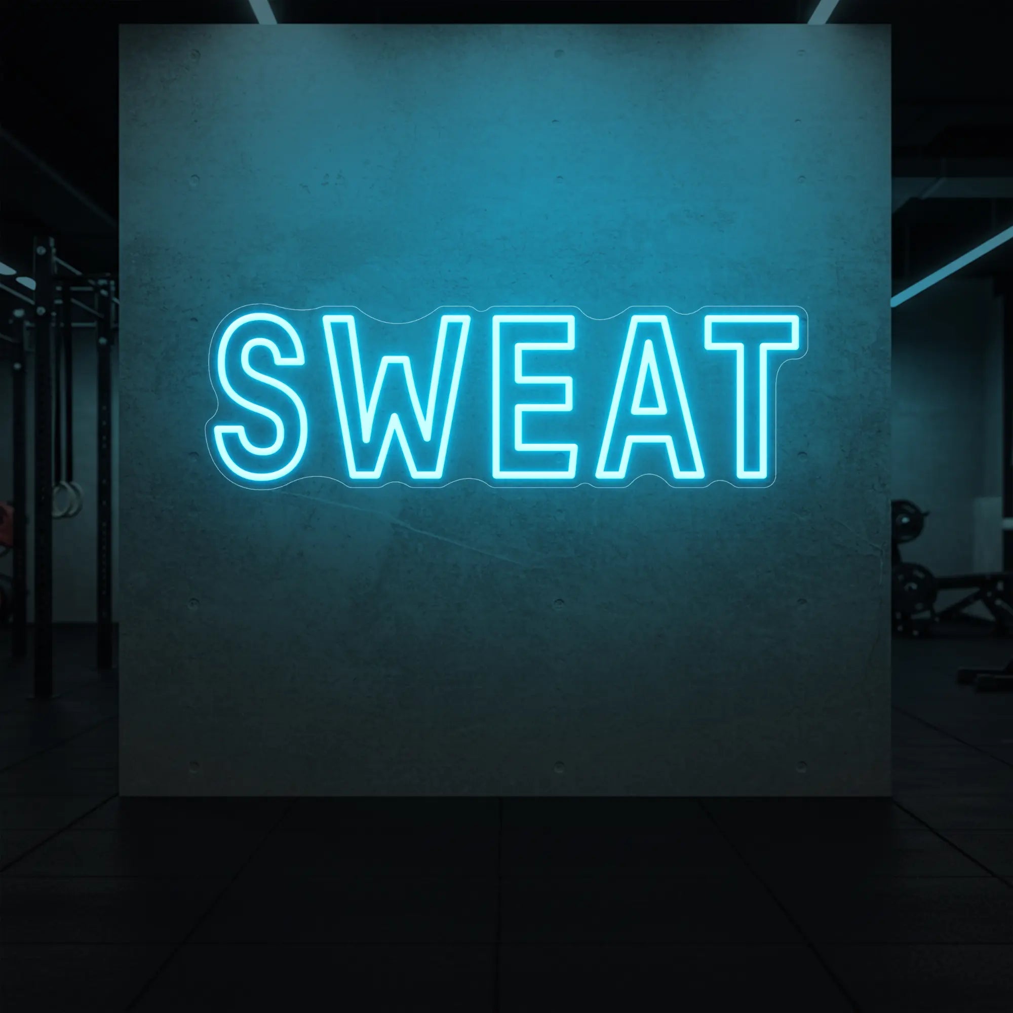 'SWEAT' neon sign glowing in ice blue against a styled interior wall.