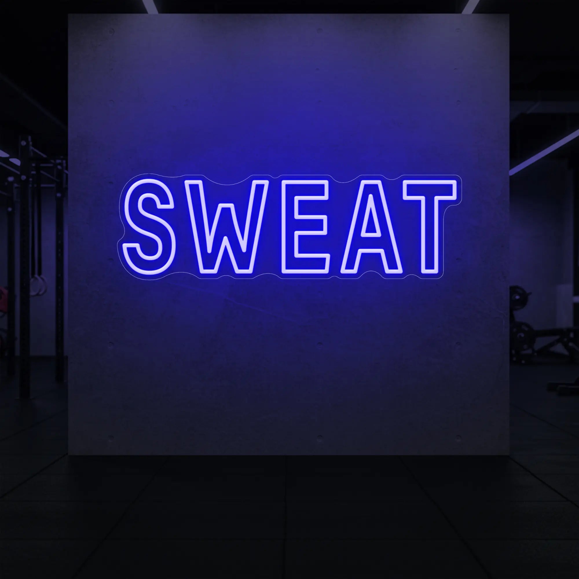 'SWEAT' neon sign glowing in deep blue against a styled interior wall.