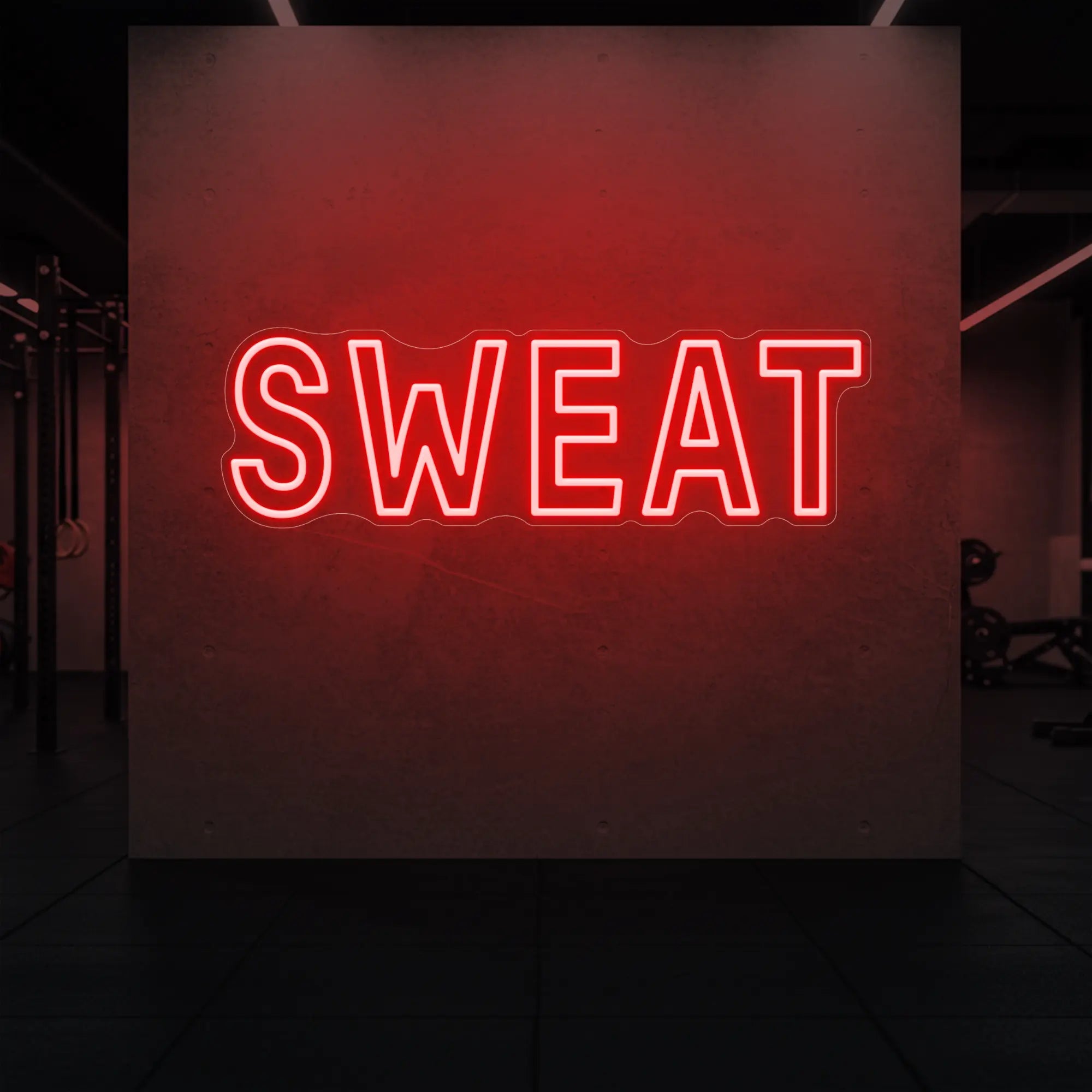 'SWEAT' neon sign glowing in red against a styled interior wall.
