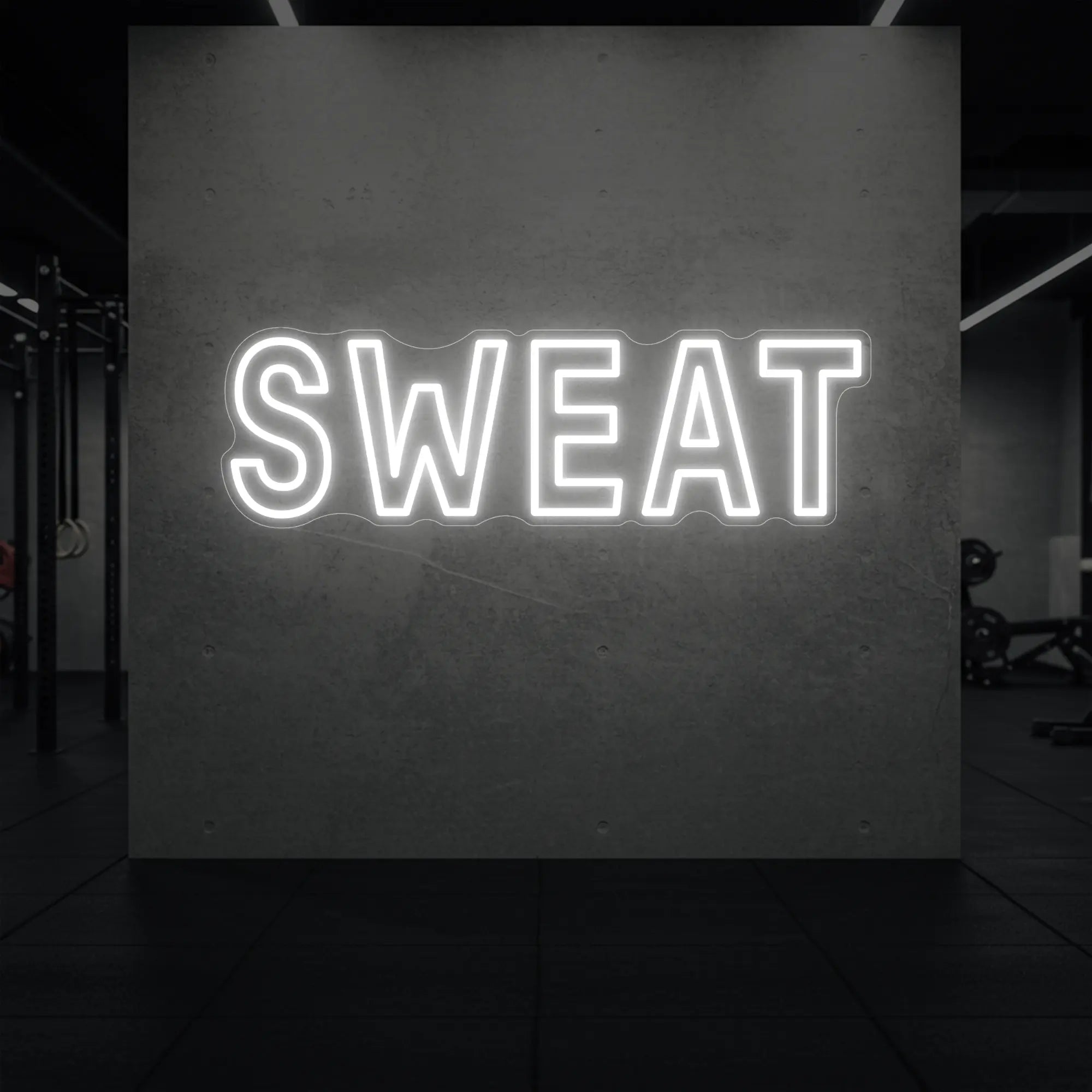 'SWEAT' neon sign glowing in cool white against a styled interior wall.
