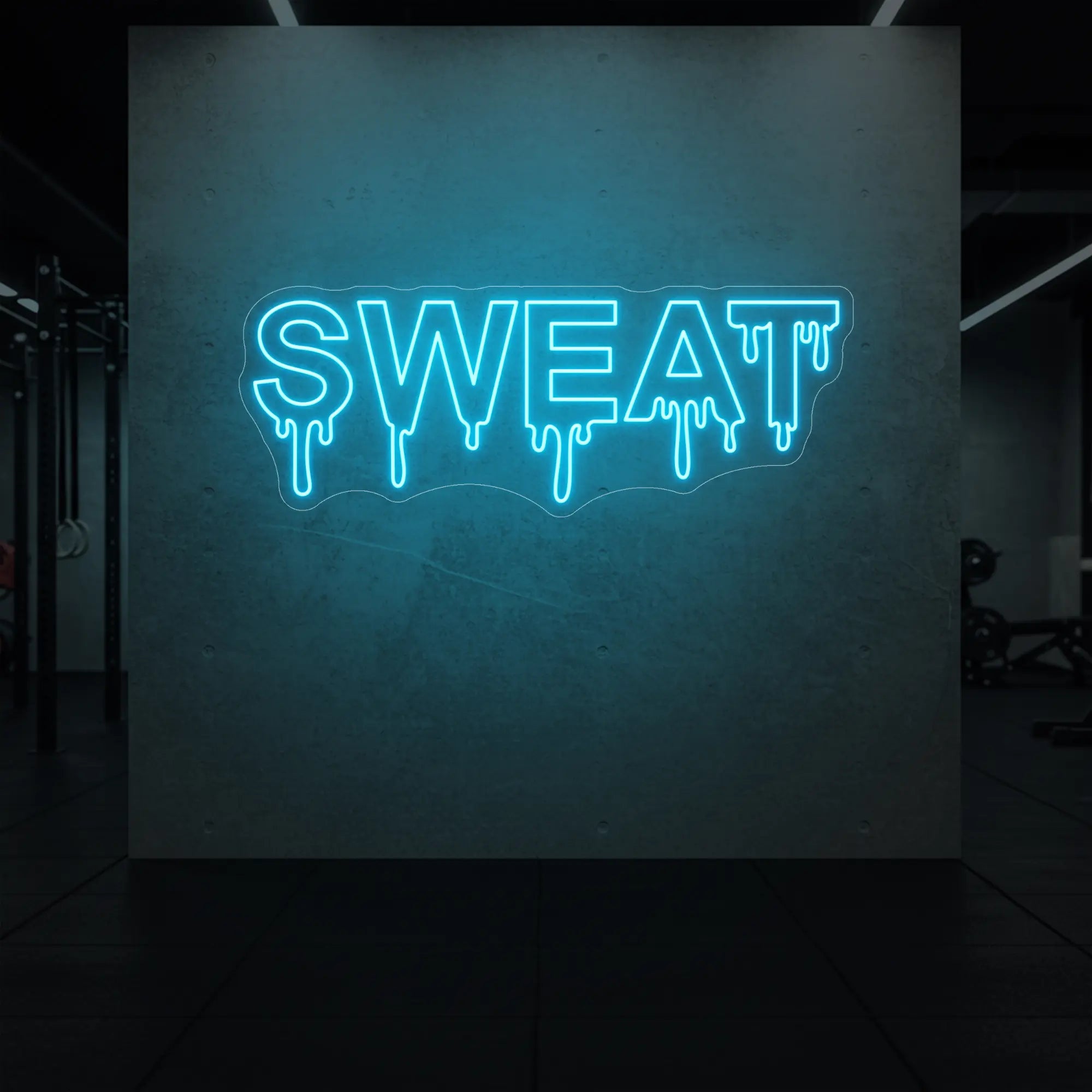 'SWEAT' neon sign glowing in ice blue against a styled interior wall.