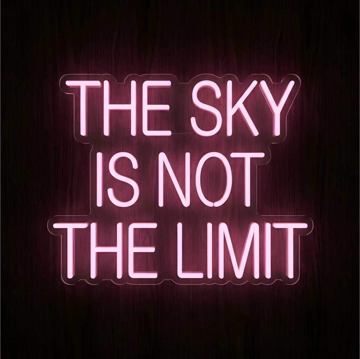 The Sky Is Not the Limit LED Neon Sign displaying “THE SKY IS NOT THE LIMIT” in glowing pink uppercase letters on contoured clear acrylic backing against a dark wood background, ideal for home offices and motivational wall decor.