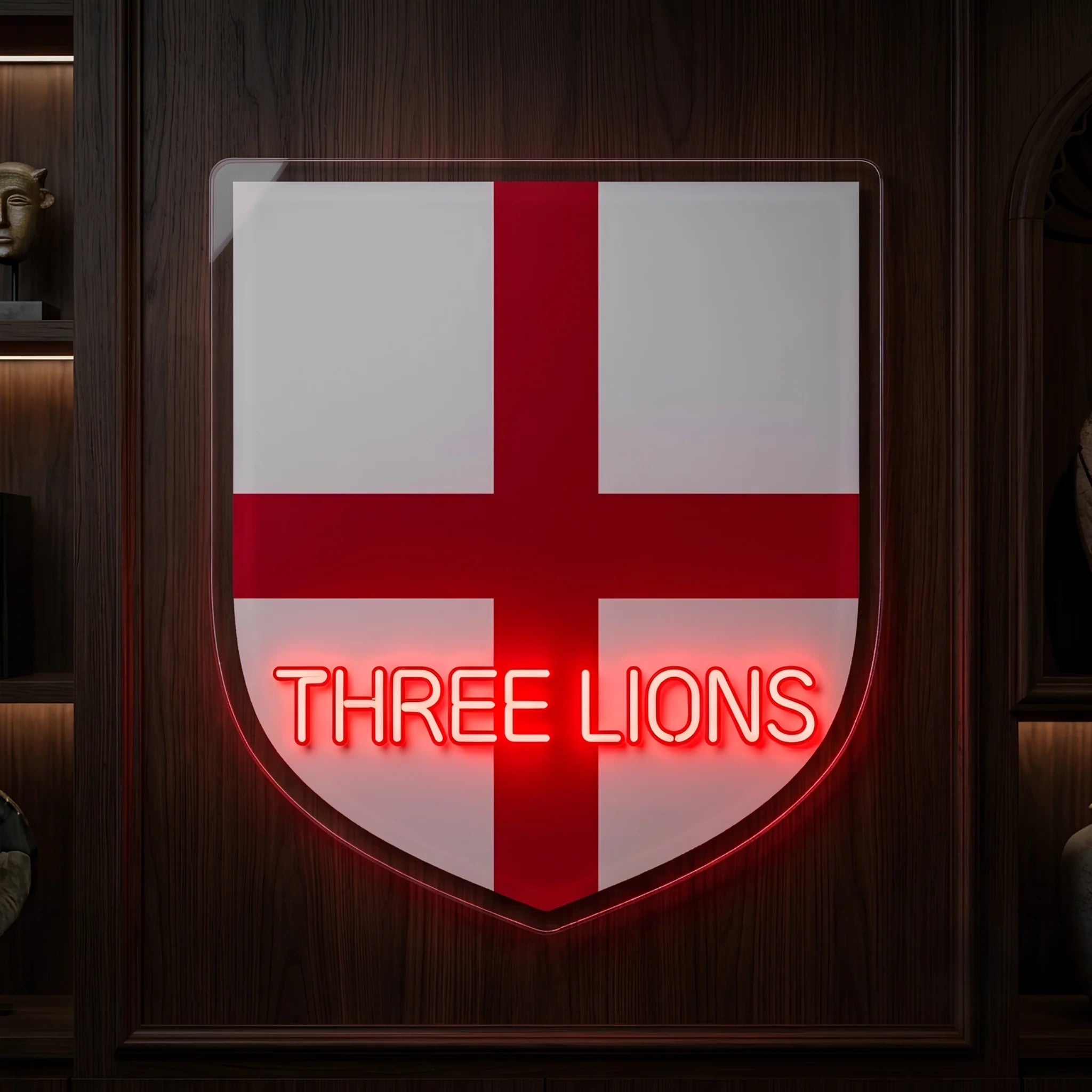 Three Lions shield printed artwork LED neon sign featuring St George Cross shield and red illuminated lettering