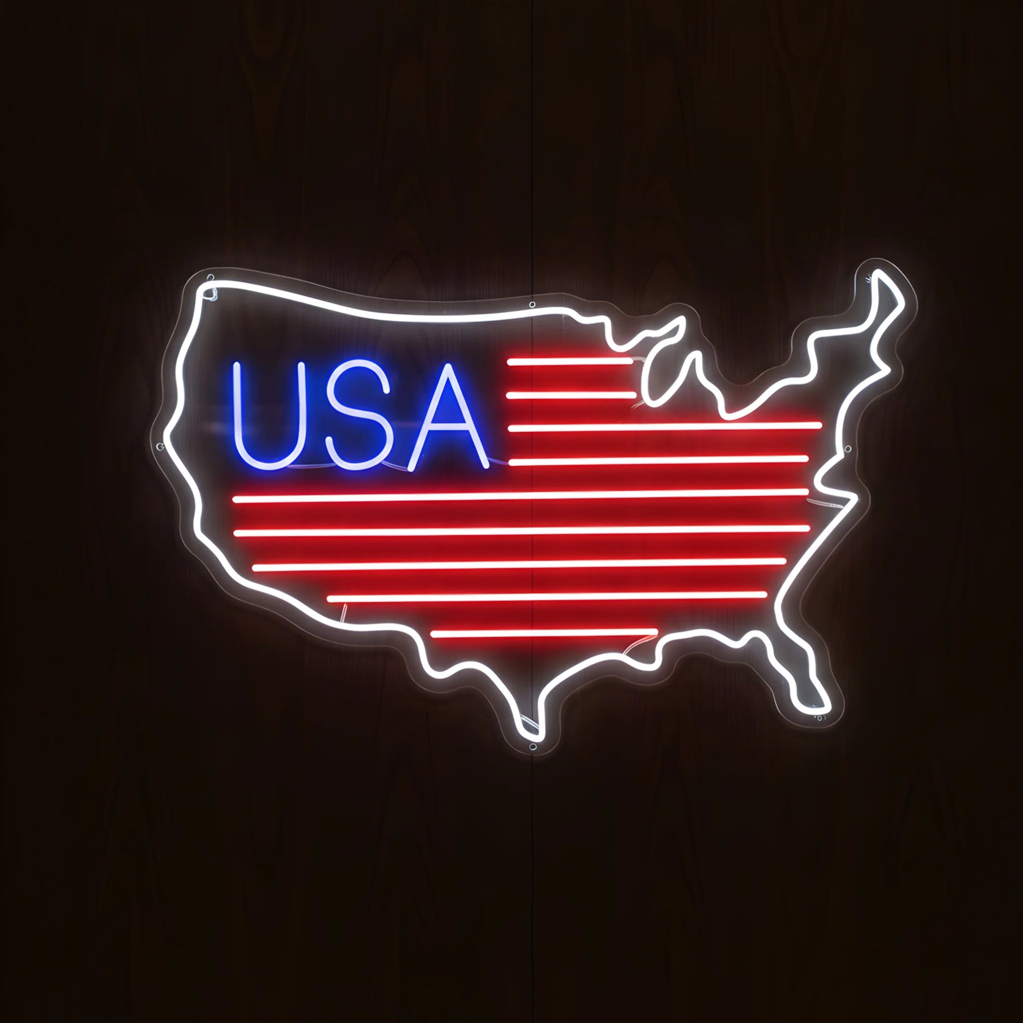 USA map flag LED neon sign featuring red white and blue patriotic football design