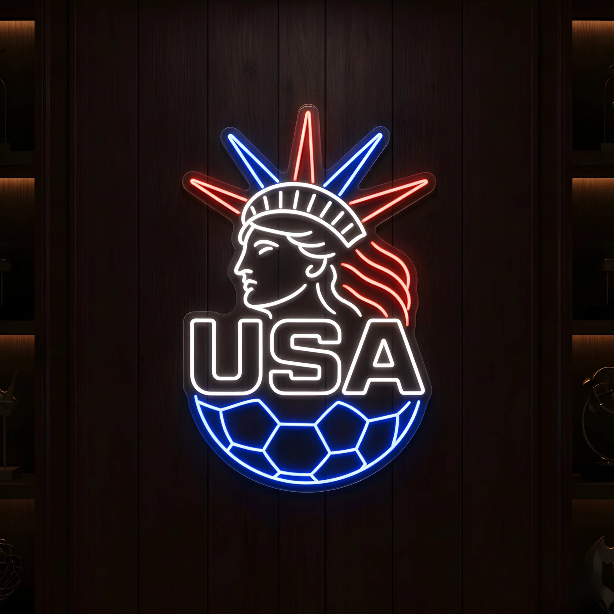 USA Liberty football LED neon sign featuring Statue of Liberty and soccer ball design in patriotic colors