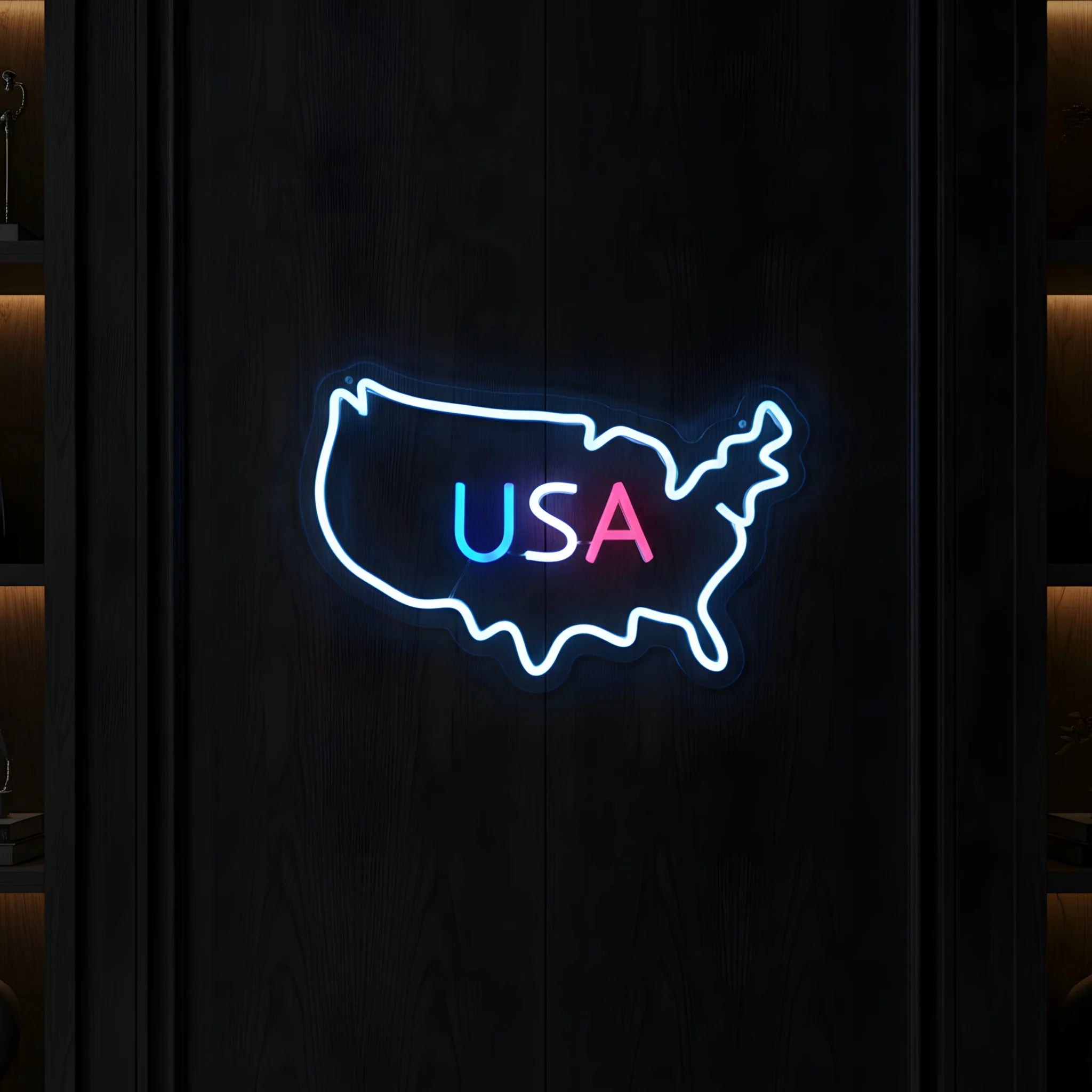 Modern USA outline LED neon sign featuring illuminated American map and colorful USA lettering