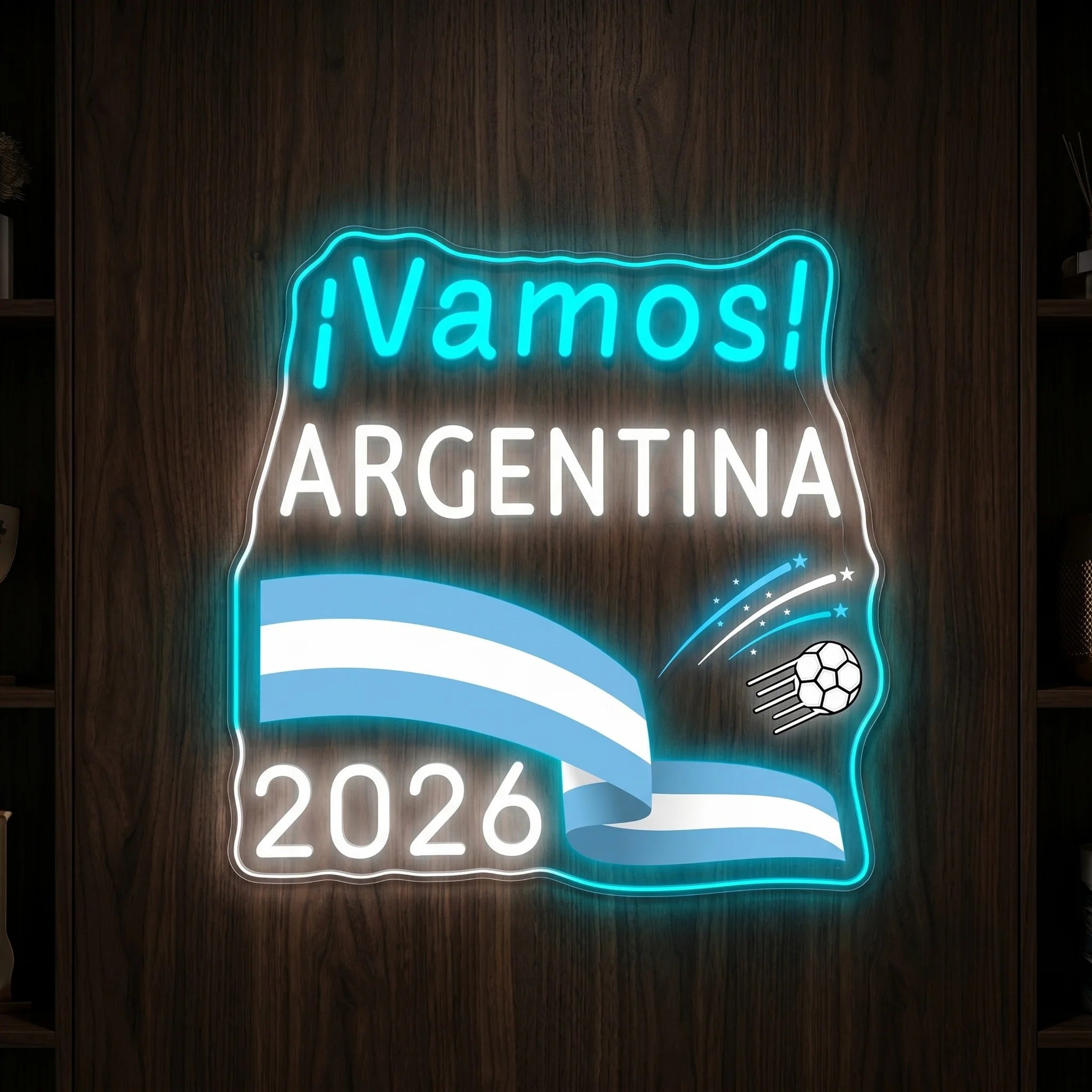 Vamos Argentina LED neon sign with flag ribbon, football graphic and 2026 design