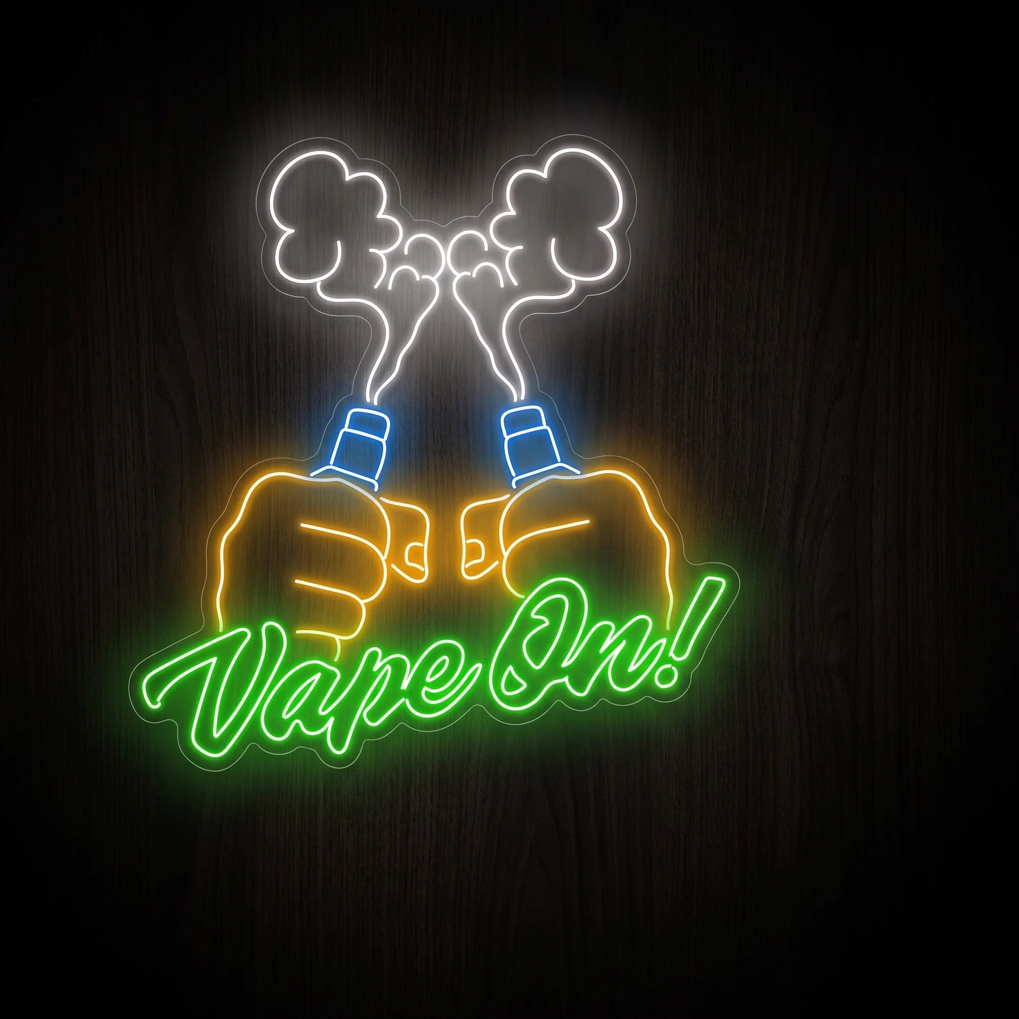 Vape On! LED neon sign on clear acrylic backing featuring two hands holding vape devices with white vapor clouds, green lettering, and blue accents for vape shop wall dΓ©cor.