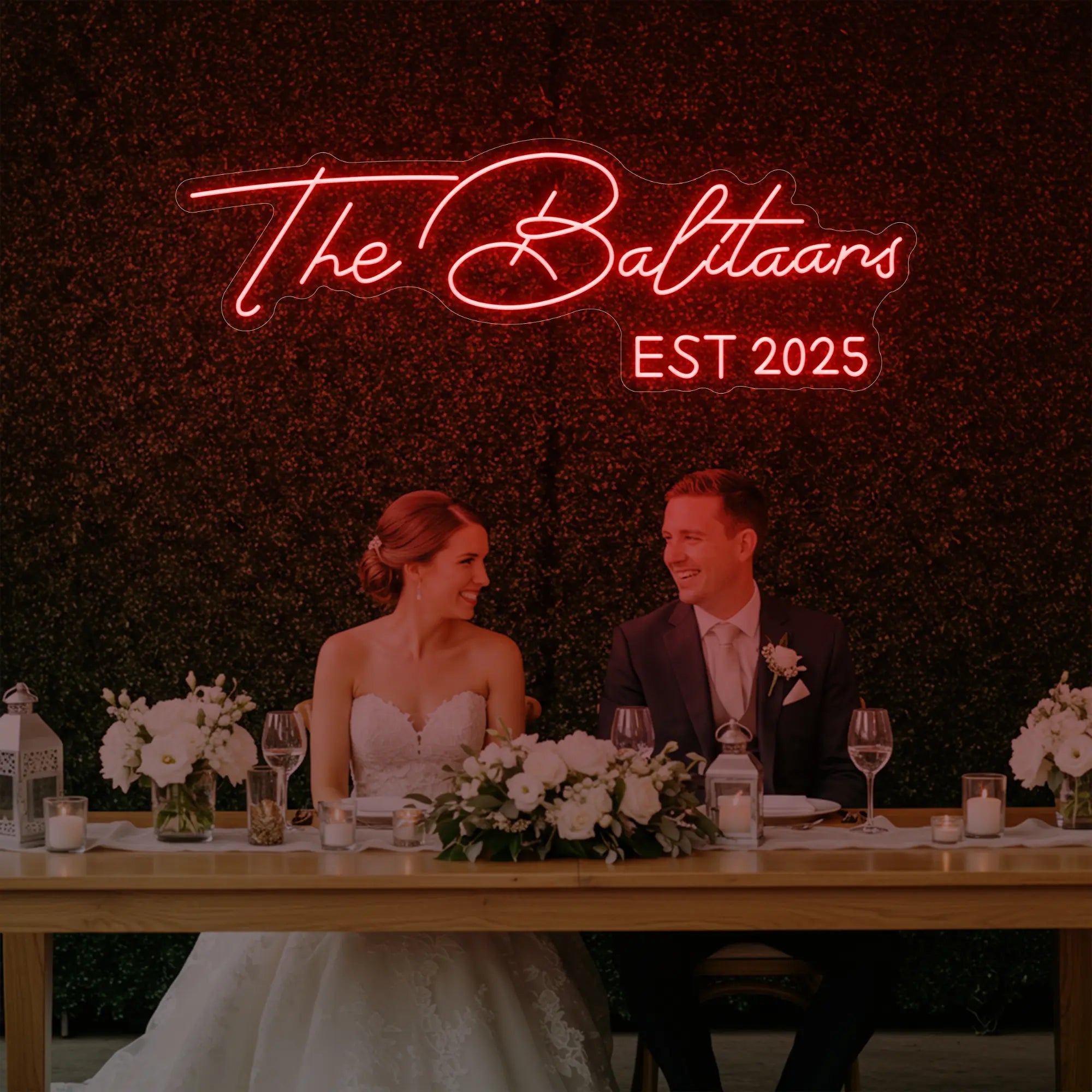 Photo of the 'Wedding Last Names Custom Neon Sign V1' neon sign glowing in red against a styled interior wall.