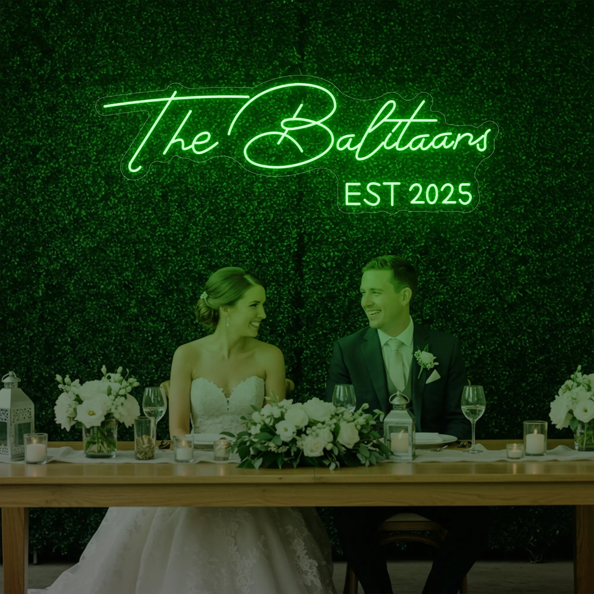 Photo of the 'Wedding Last Names Custom Neon Sign V1' neon sign glowing in green against a styled interior wall.