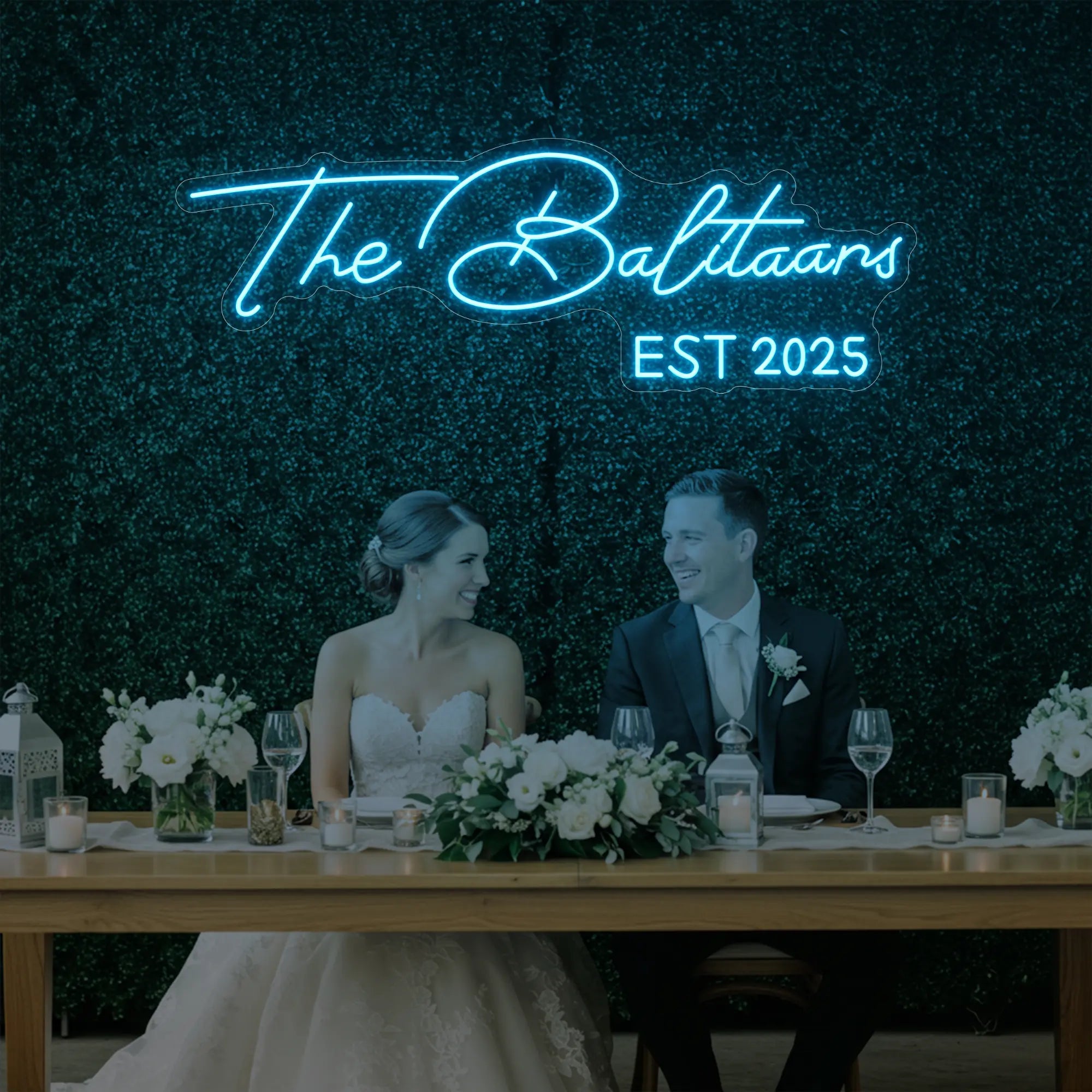 Photo of the 'Wedding Last Names Custom Neon Sign V1' neon sign glowing in ice blue against a styled interior wall.