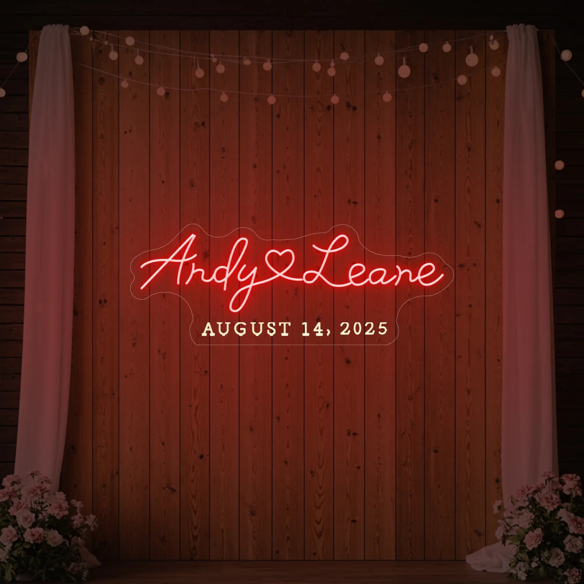 Photo of the 'Wedding First Names Custom Neon Sign' neon sign glowing in red against a styled interior wall.