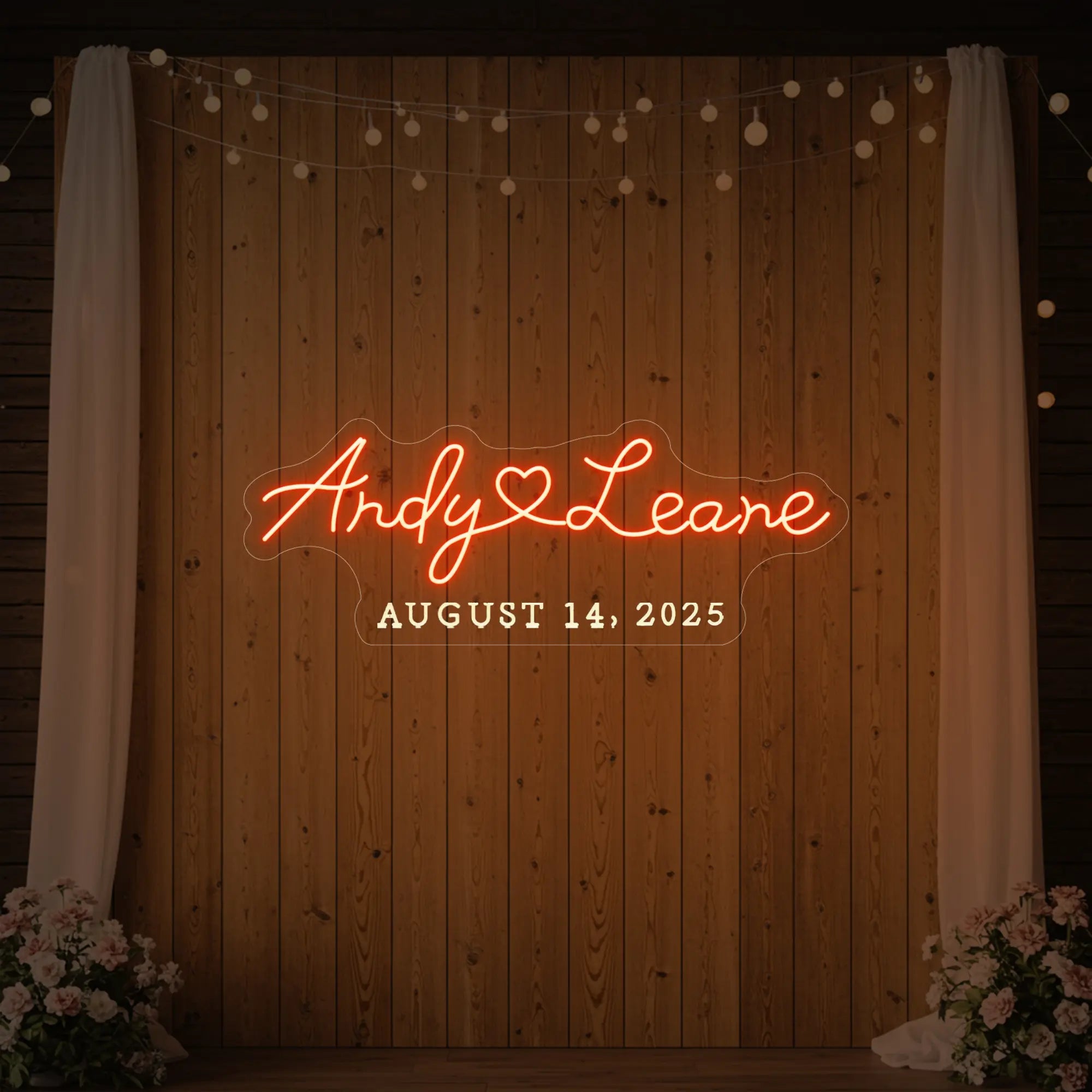 Photo of the 'Wedding First Names Custom Neon Sign' neon sign glowing in golden yellow against a styled interior wall.