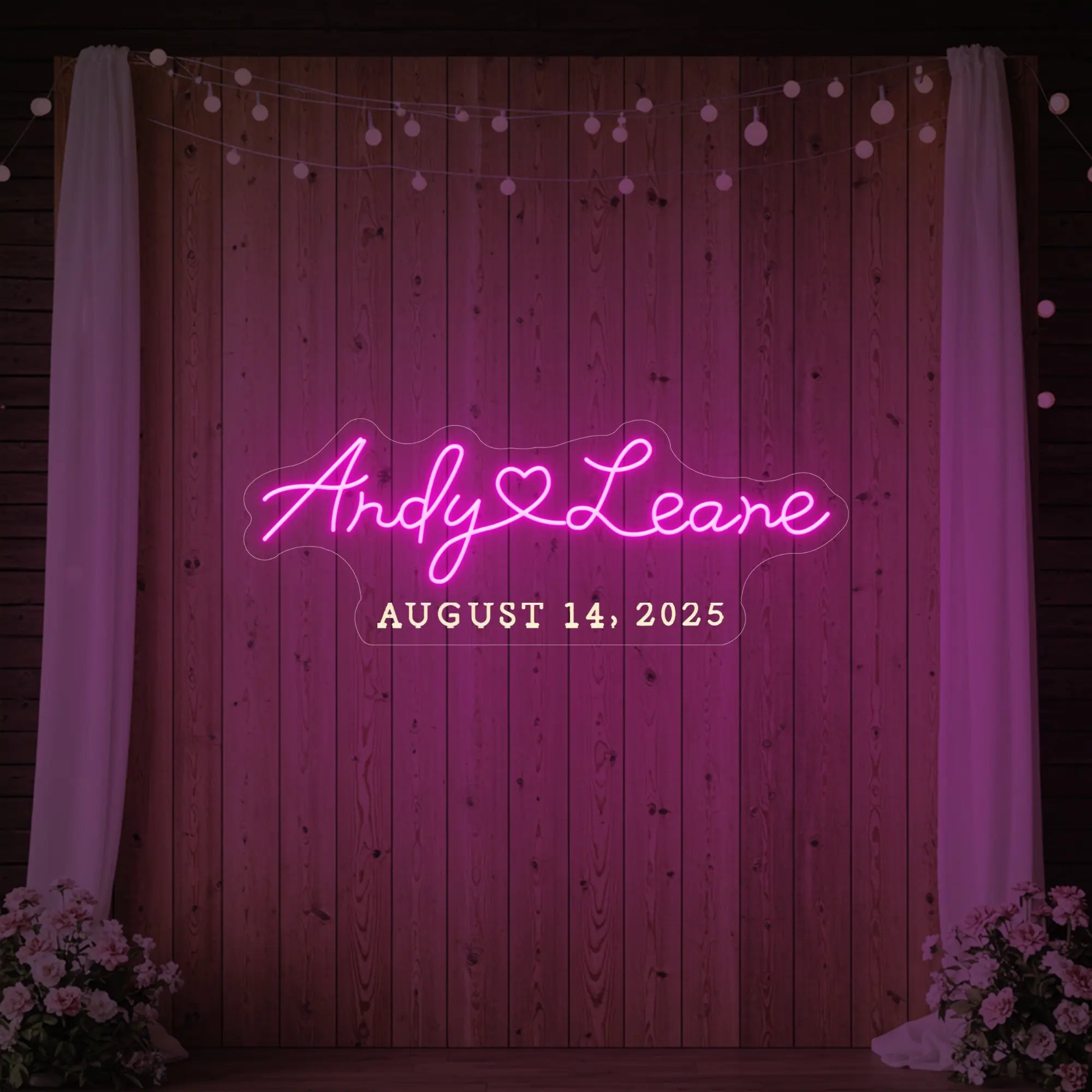 Photo of the 'Wedding First Names Custom Neon Sign' neon sign glowing in light pink against a styled interior wall.