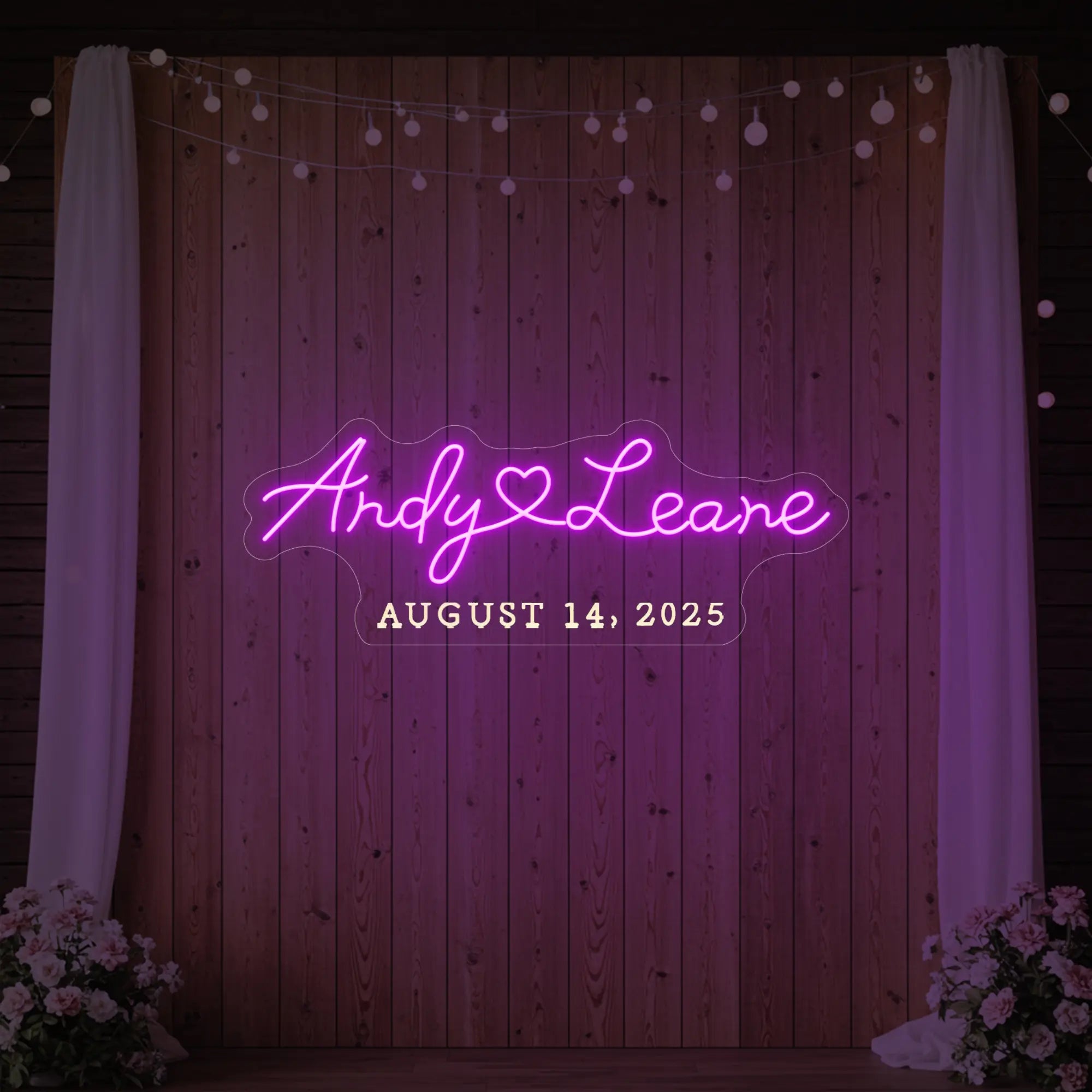 Photo of the 'Wedding First Names Custom Neon Sign' neon sign glowing in deep pink against a styled interior wall.