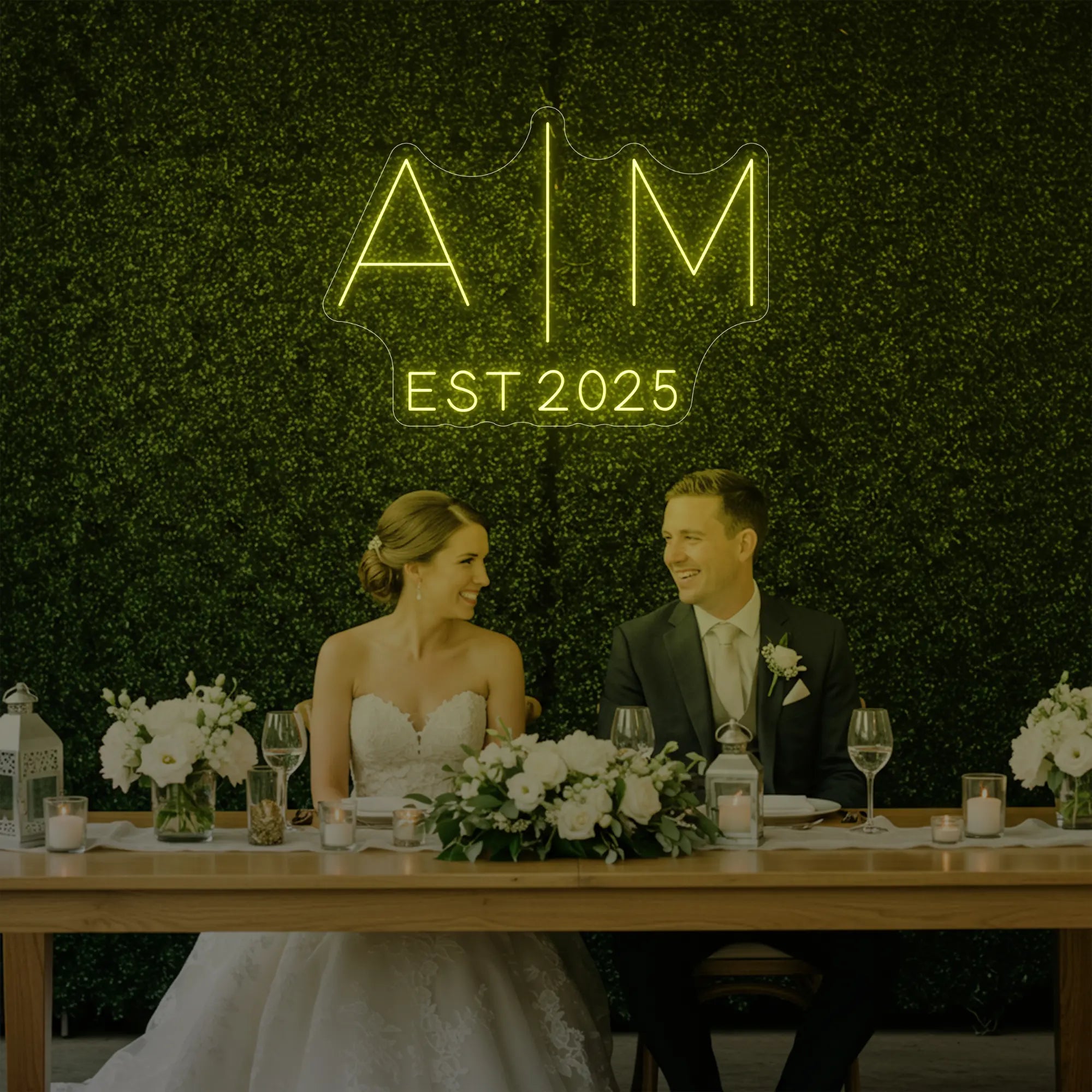 Photo of the 'Wedding Initials Custom Neon Sign V4' neon sign glowing in lemon yellow against a styled interior wall.